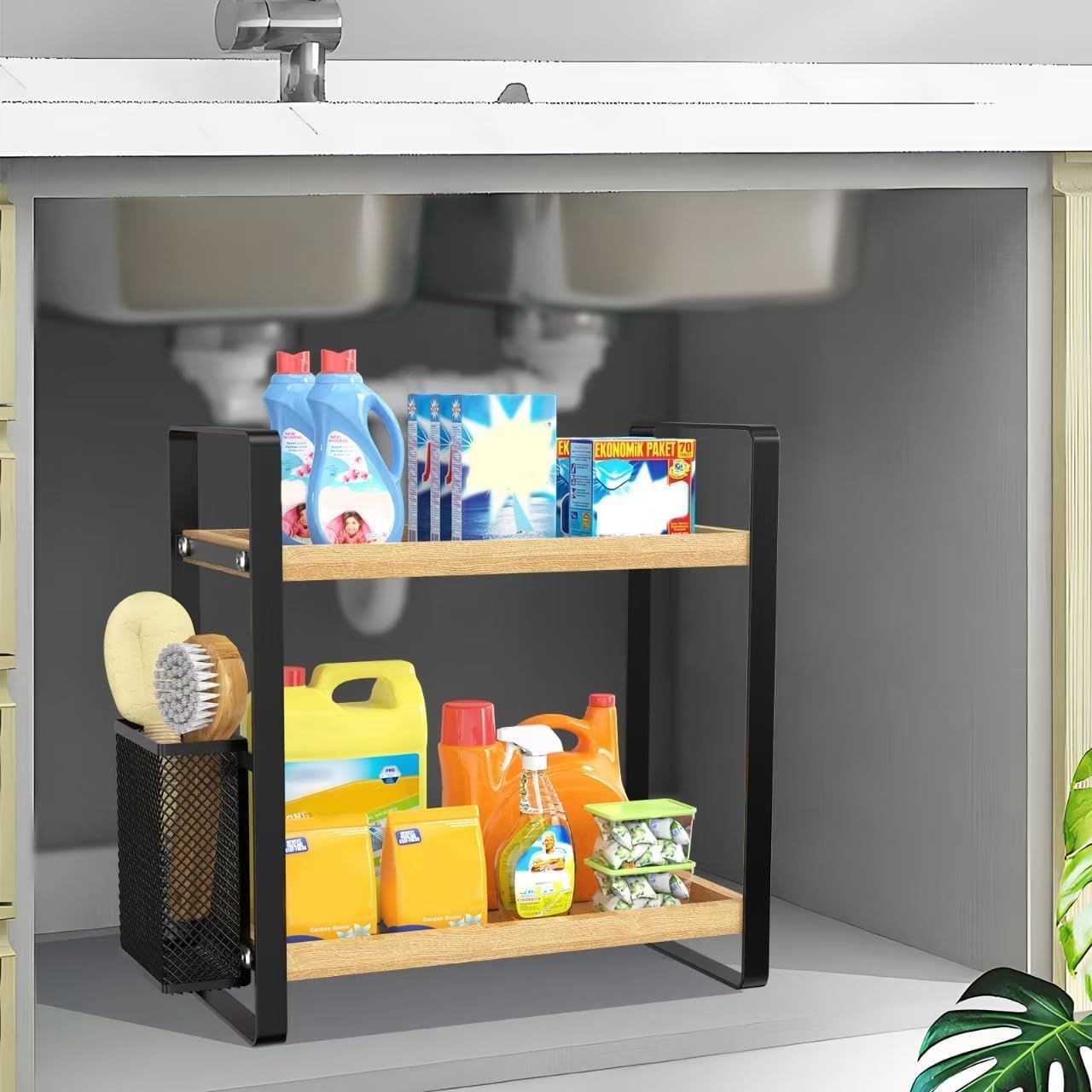 Wood Bathroom Countertop Organizer Shelf with Basket Multi-Tier Vanity