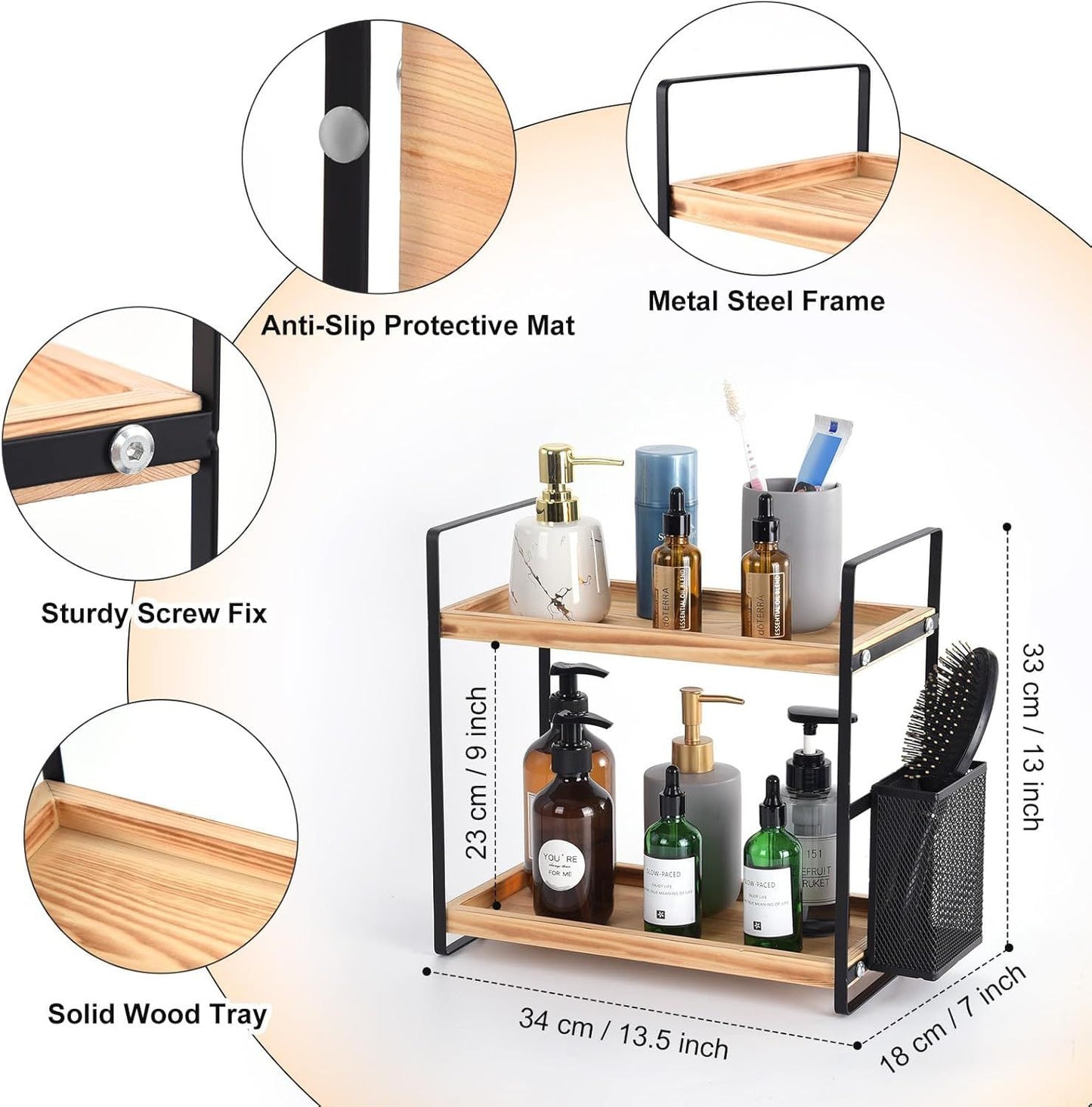 Wood Bathroom Countertop Organizer Shelf with Basket Multi-Tier Vanity
