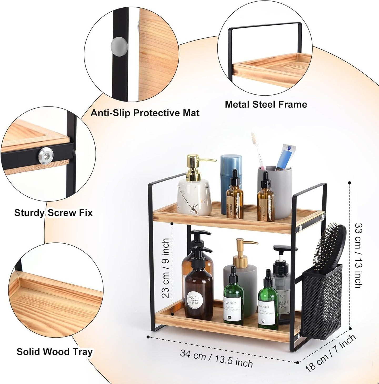 Wood Bathroom Countertop Organizer Shelf with Basket Multi-Tier Vanity