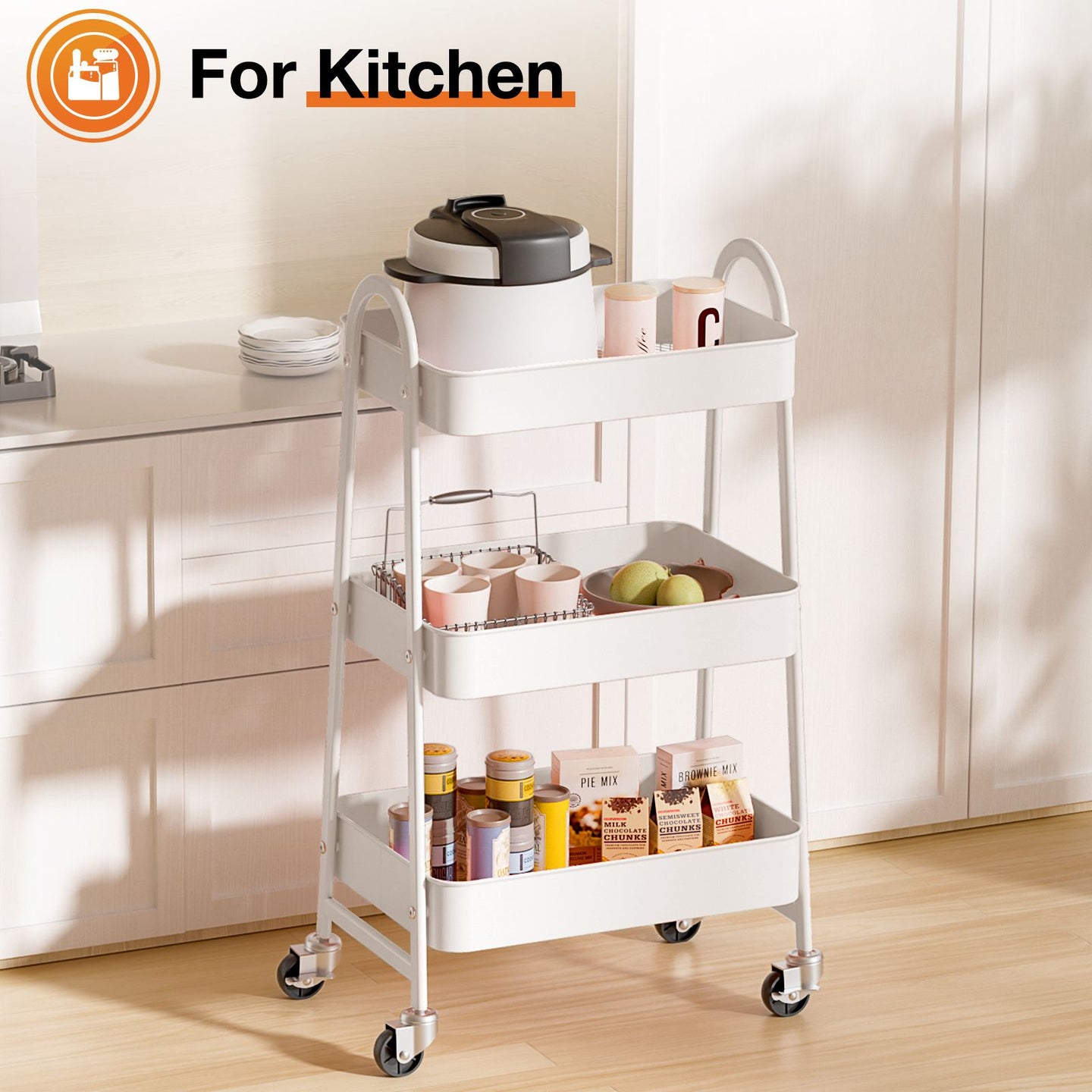 3/4-layer practical mobile trolley, metal movable storage rack, with lockable casters