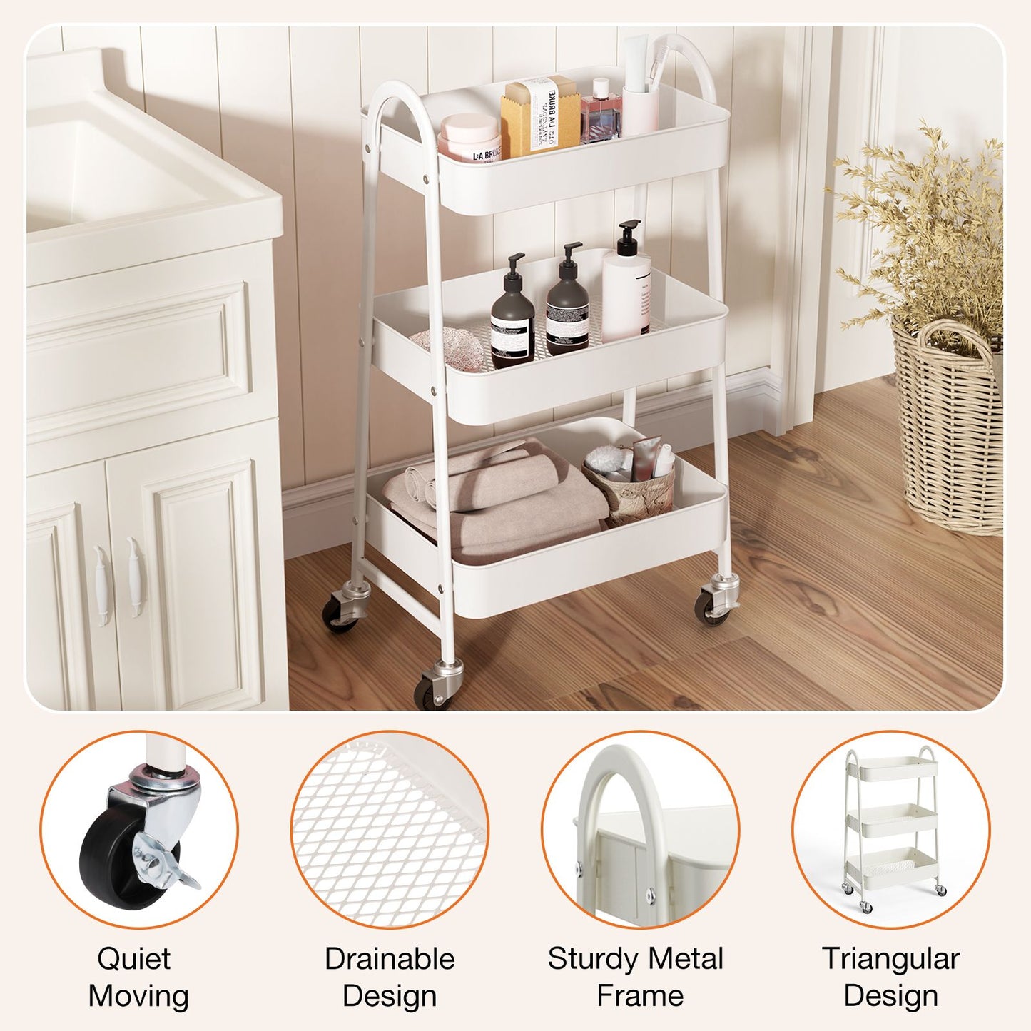 3/4-layer practical mobile trolley, metal movable storage rack, with lockable casters