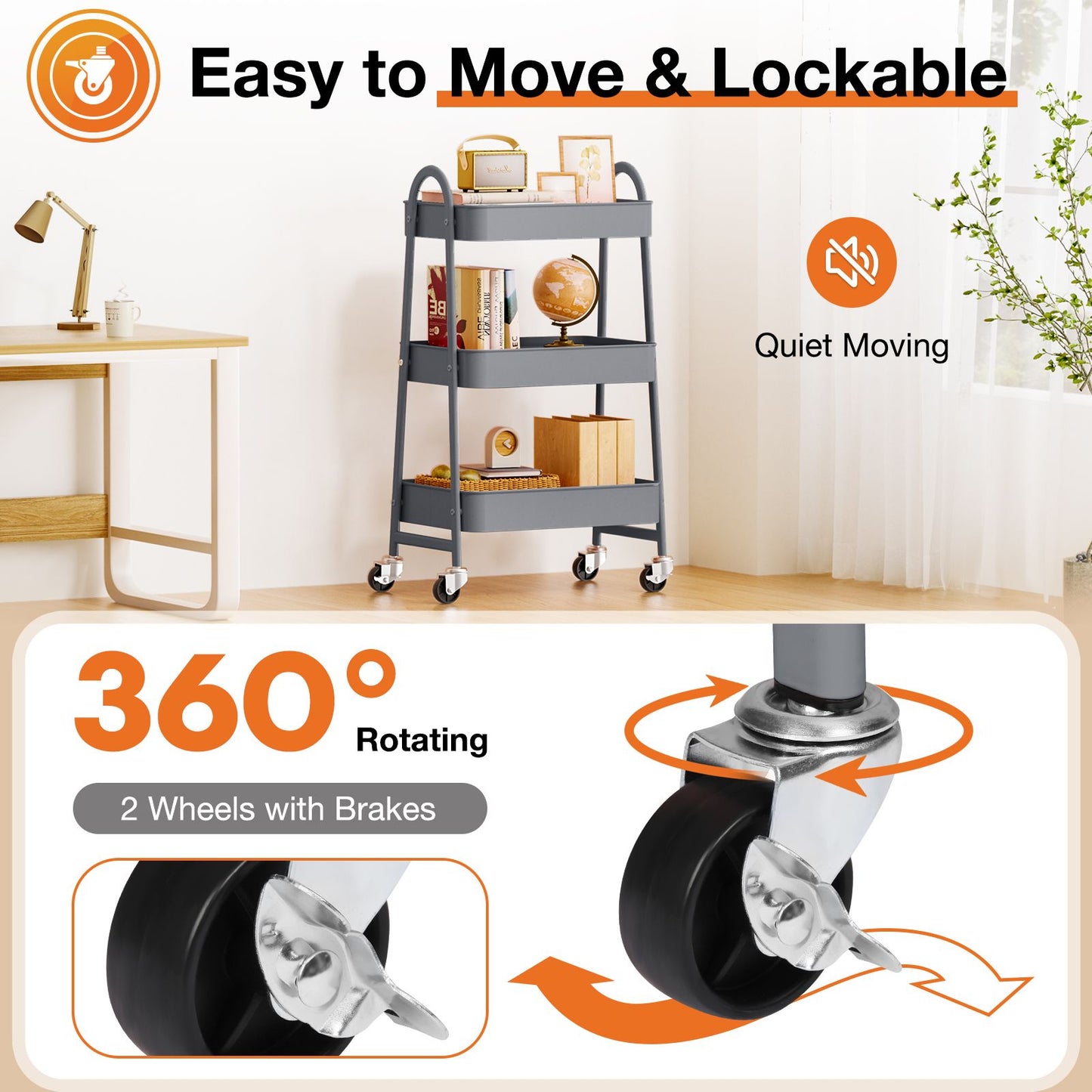 3/4-layer practical mobile trolley, metal movable storage rack, with lockable casters