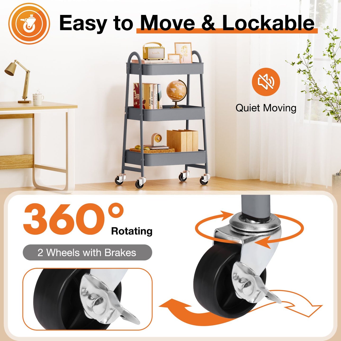 3/4-layer practical mobile trolley, metal movable storage rack, with lockable casters