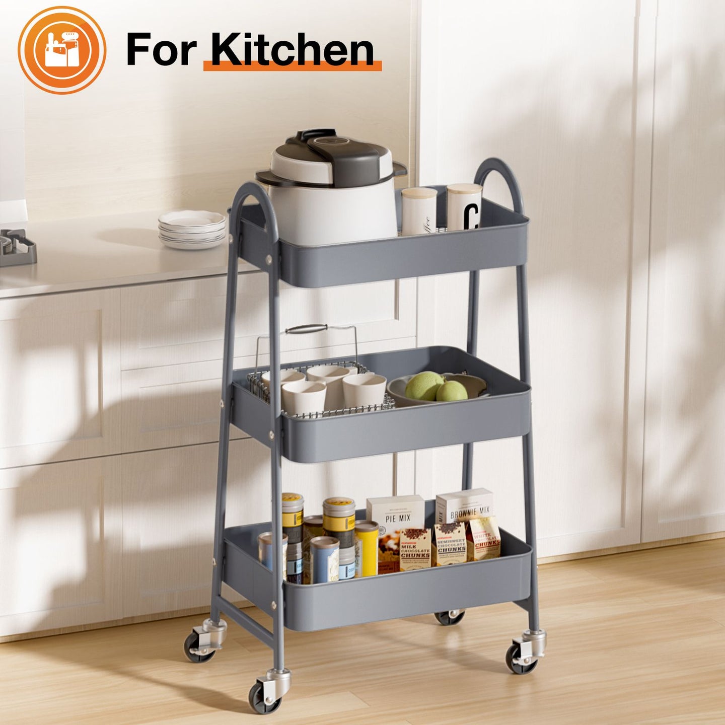 3/4-layer practical mobile trolley, metal movable storage rack, with lockable casters