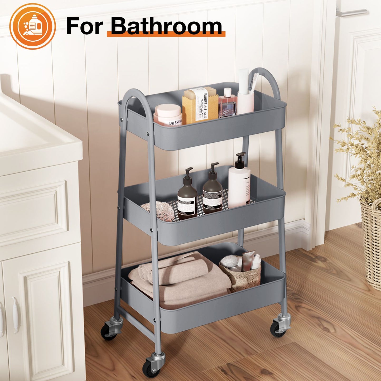 3/4-layer practical mobile trolley, metal movable storage rack, with lockable casters