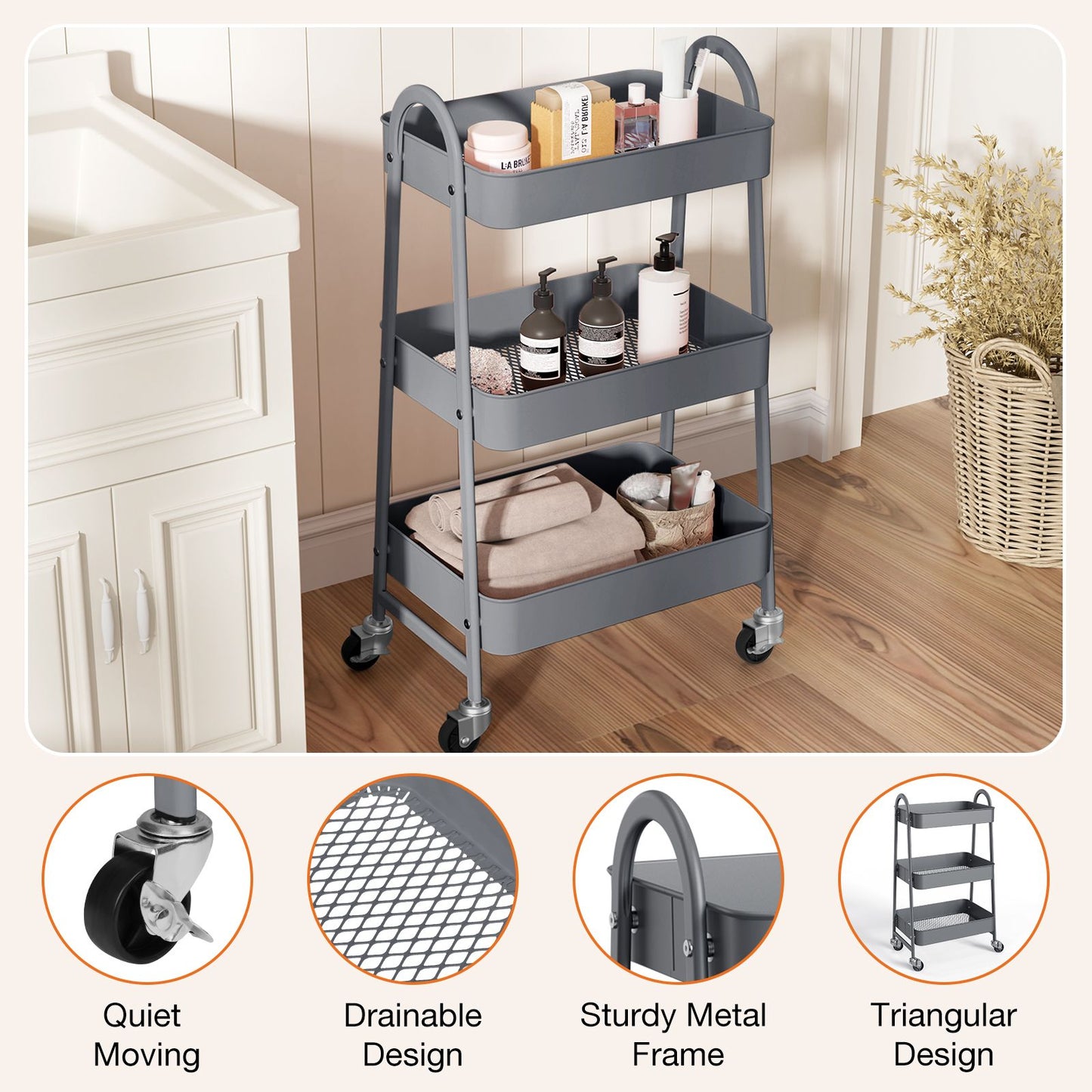 3/4-layer practical mobile trolley, metal movable storage rack, with lockable casters