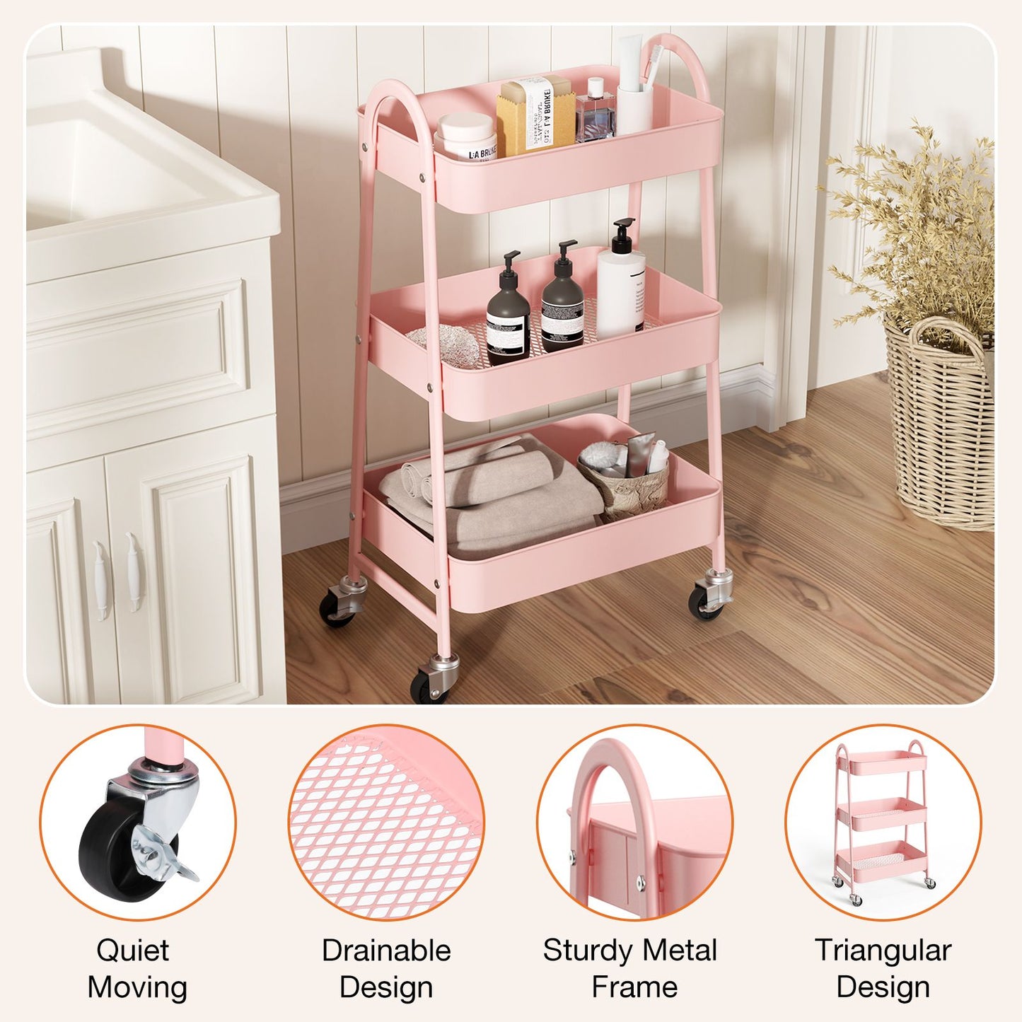 3/4-layer practical mobile trolley, metal movable storage rack, with lockable casters