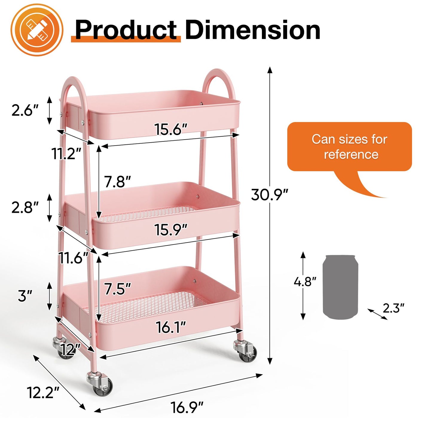 3/4-layer practical mobile trolley, metal movable storage rack, with lockable casters