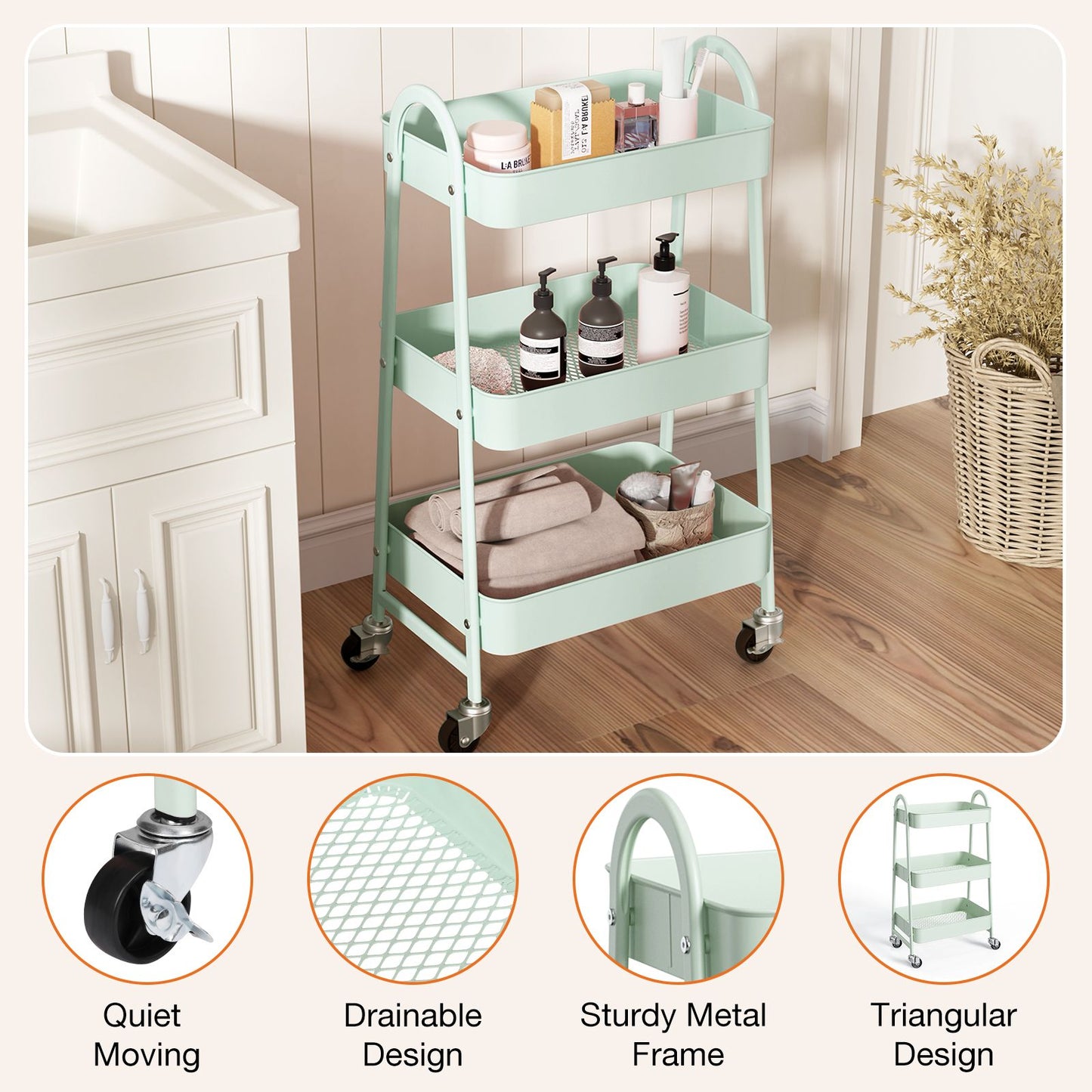 3/4-layer practical mobile trolley, metal movable storage rack, with lockable casters