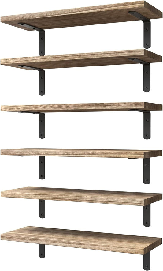 6-Piece Wooden Floating Shelves, Rustic Wall Storage - Vintage Brown