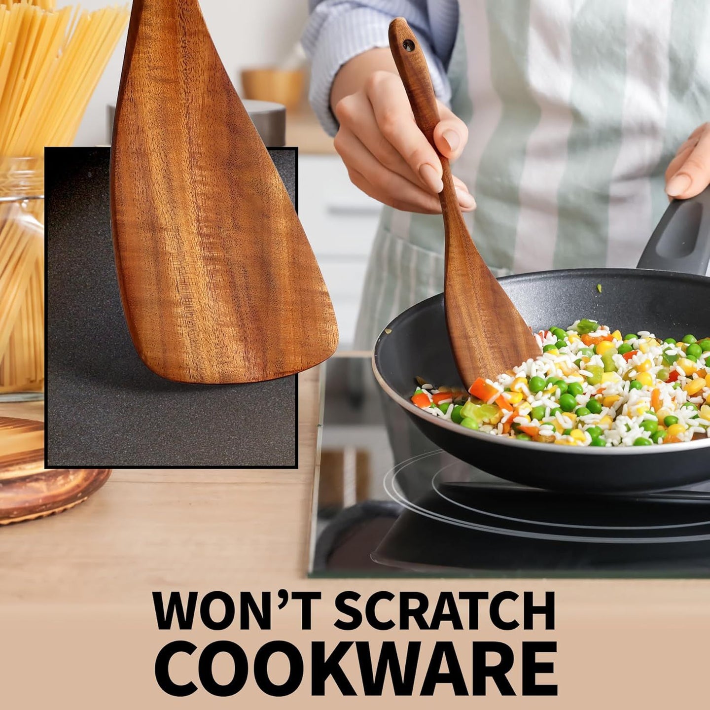 6-Piece Teak Wooden Cooking Spoon Set, Heat-Resistant Nonstick Kitchen Utensils