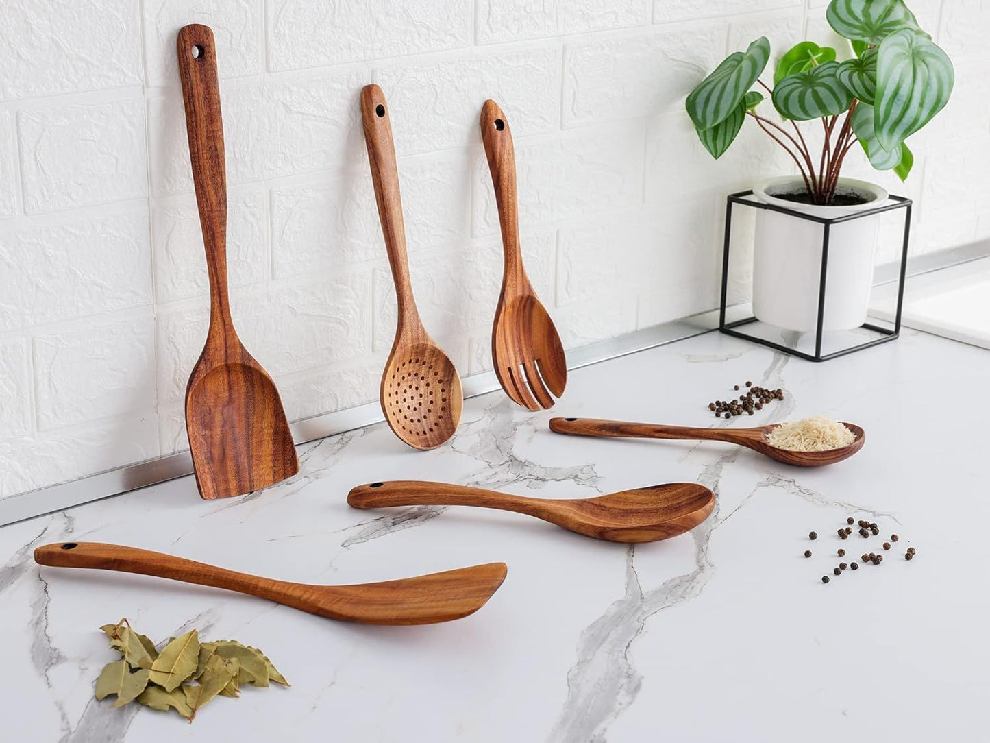 6-Piece Teak Wooden Cooking Spoon Set, Heat-Resistant Nonstick Kitchen Utensils