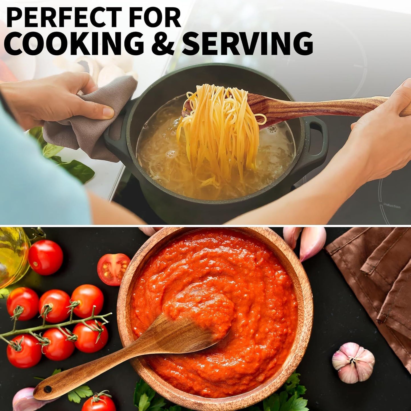 6-Piece Teak Wooden Cooking Spoon Set, Heat-Resistant Nonstick Kitchen Utensils