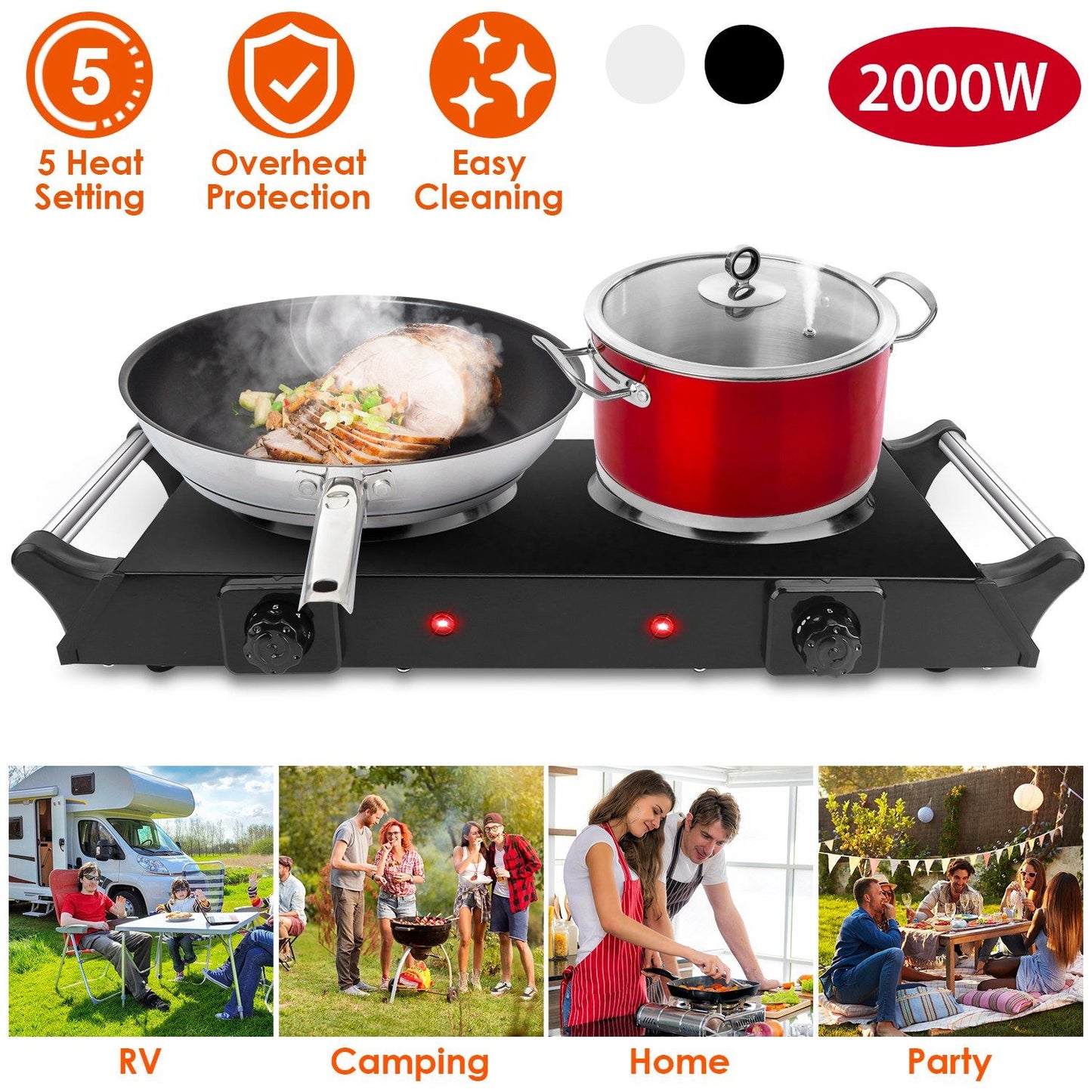 Portable Dual Burner Electric Stove, 2000W, 5 Heat Levels, Easy Clean