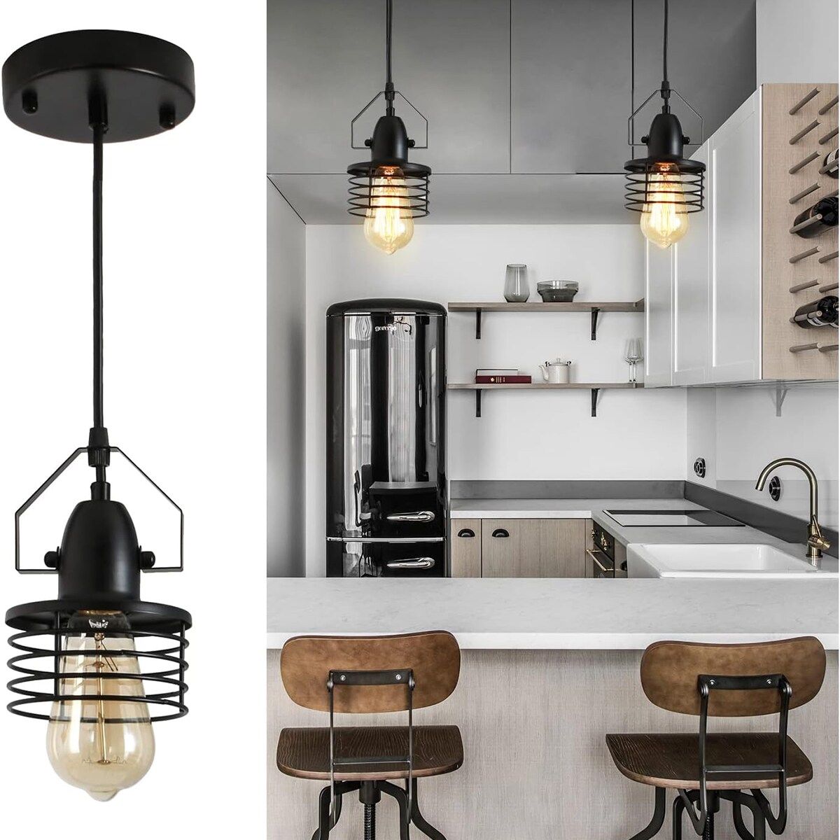 Industrial Black Pendant Light - Metal Cage Island Lighting