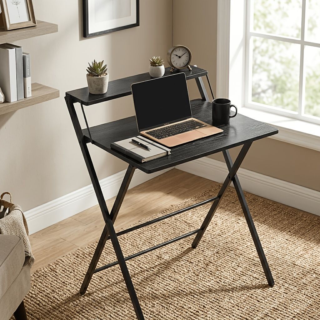 Small Folding Desk with Shelf, No-Assembly Foldable Computer Table for Tight Spaces, Portable Writing Desk for Office Dorm Apartment, Space Saving And Sturdy Metal Frame