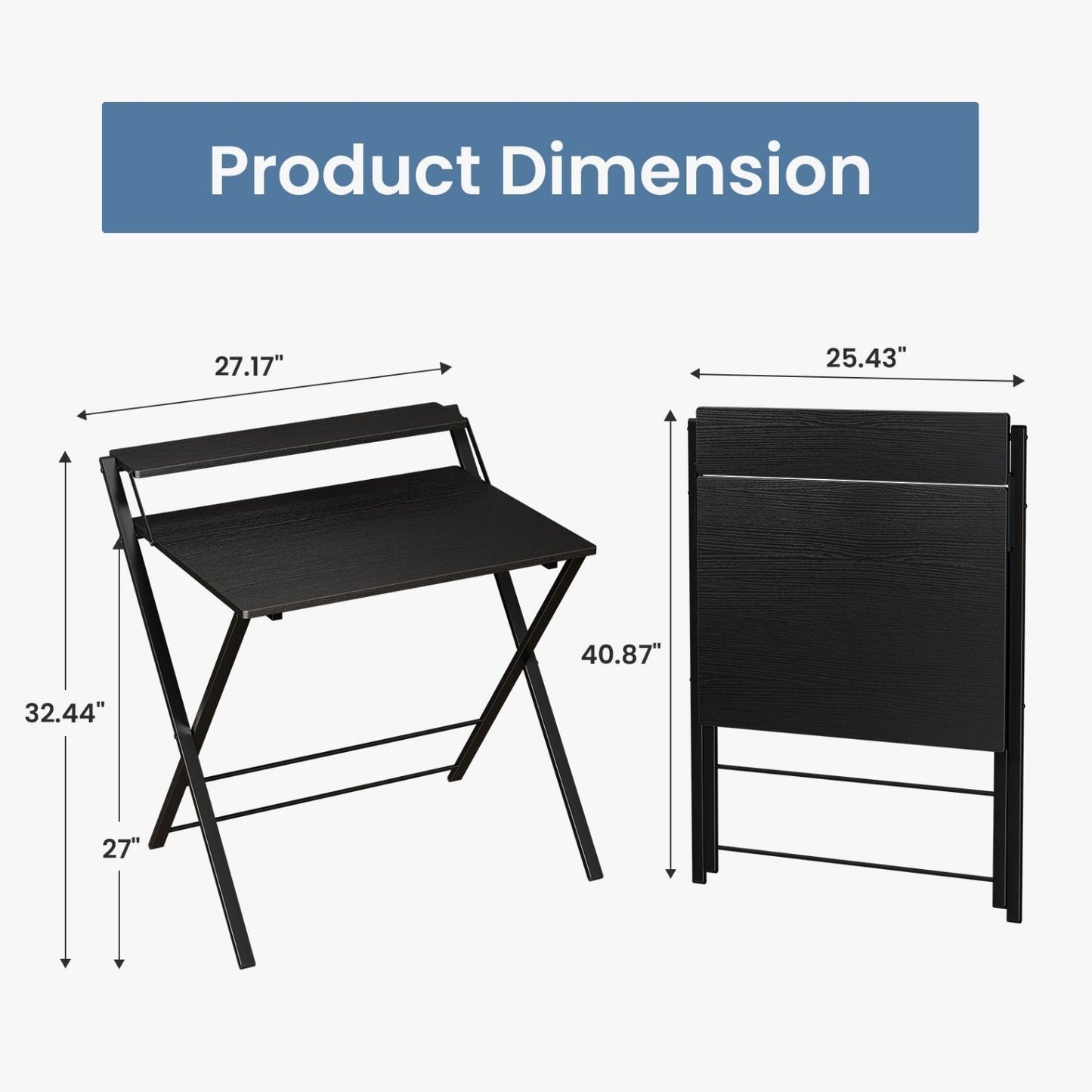 Small Folding Desk with Shelf, No-Assembly Foldable Computer Table for Tight Spaces, Portable Writing Desk for Office Dorm Apartment, Space Saving And Sturdy Metal Frame