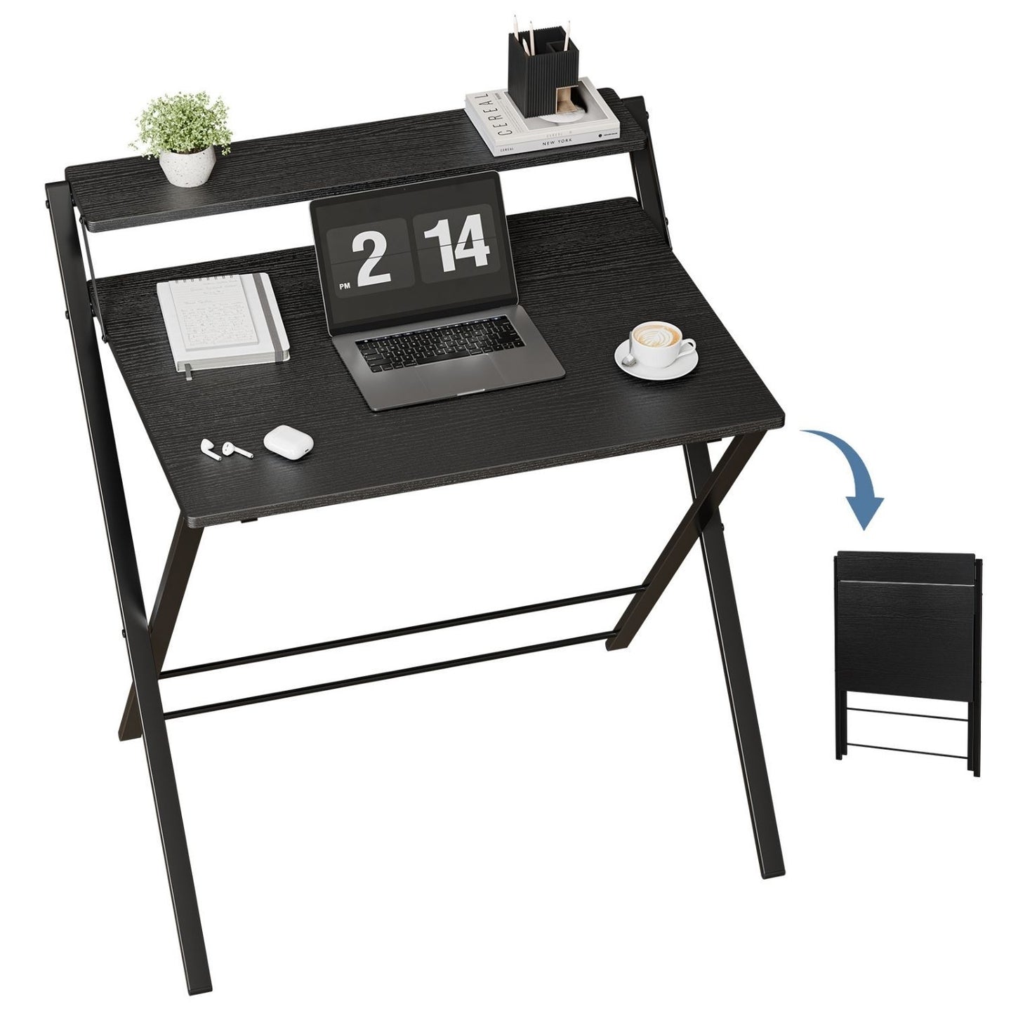 Small Folding Desk with Shelf, No-Assembly Foldable Computer Table for Tight Spaces, Portable Writing Desk for Office Dorm Apartment, Space Saving And Sturdy Metal Frame