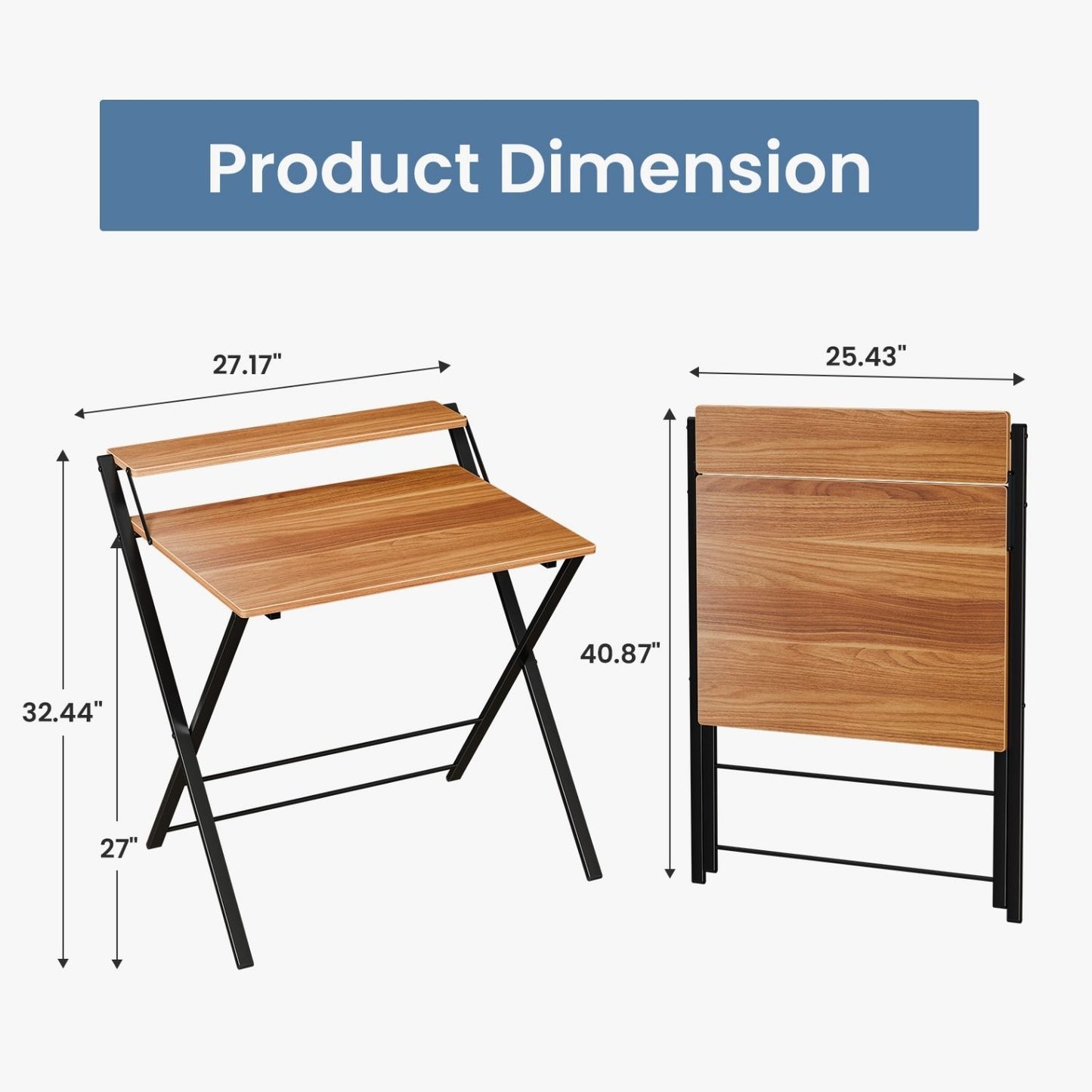 Small Folding Desk with Shelf, No-Assembly Foldable Computer Table for Tight Spaces, Portable Writing Desk for Office Dorm Apartment, Space Saving And Sturdy Metal Frame