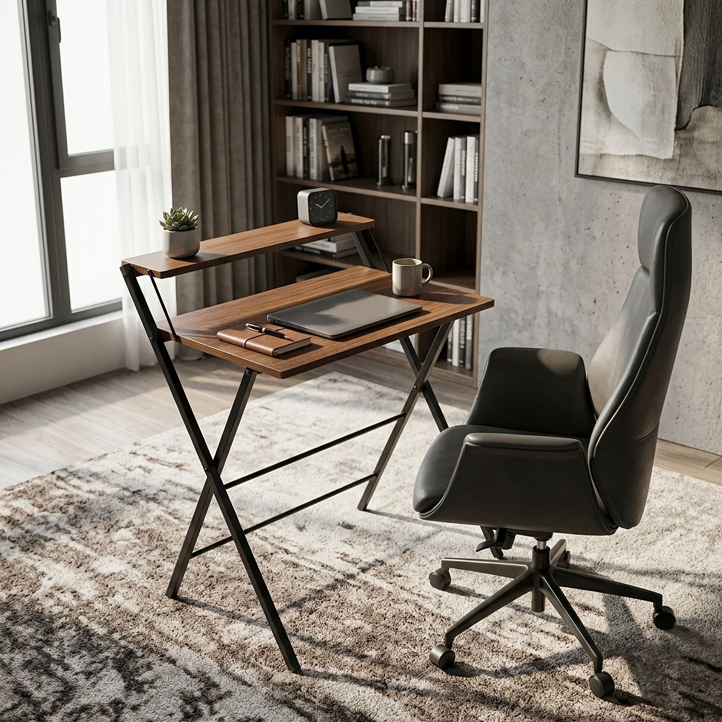 Small Folding Desk with Shelf, No-Assembly Foldable Computer Table for Tight Spaces, Portable Writing Desk for Office Dorm Apartment, Space Saving And Sturdy Metal Frame