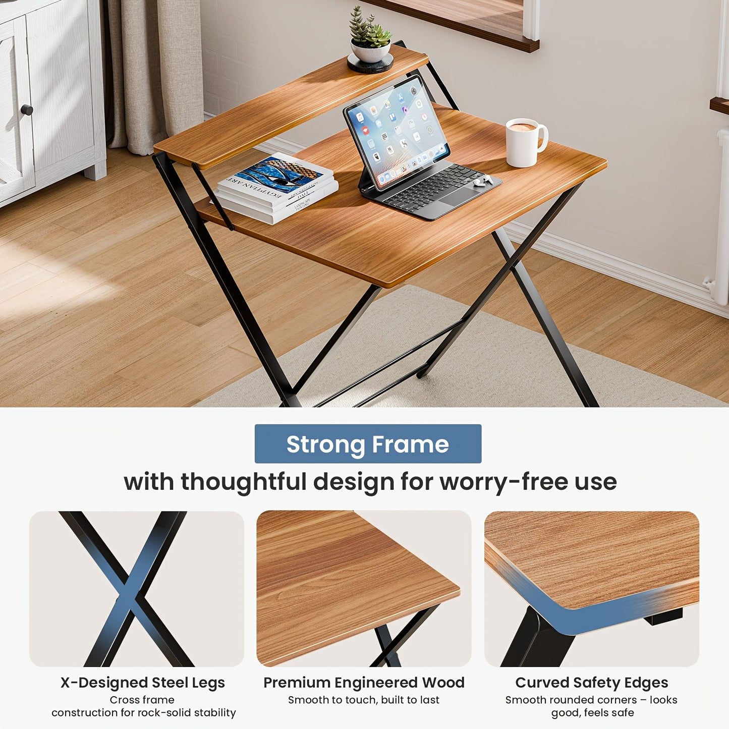Small Folding Desk with Shelf, No-Assembly Foldable Computer Table for Tight Spaces, Portable Writing Desk for Office Dorm Apartment, Space Saving And Sturdy Metal Frame