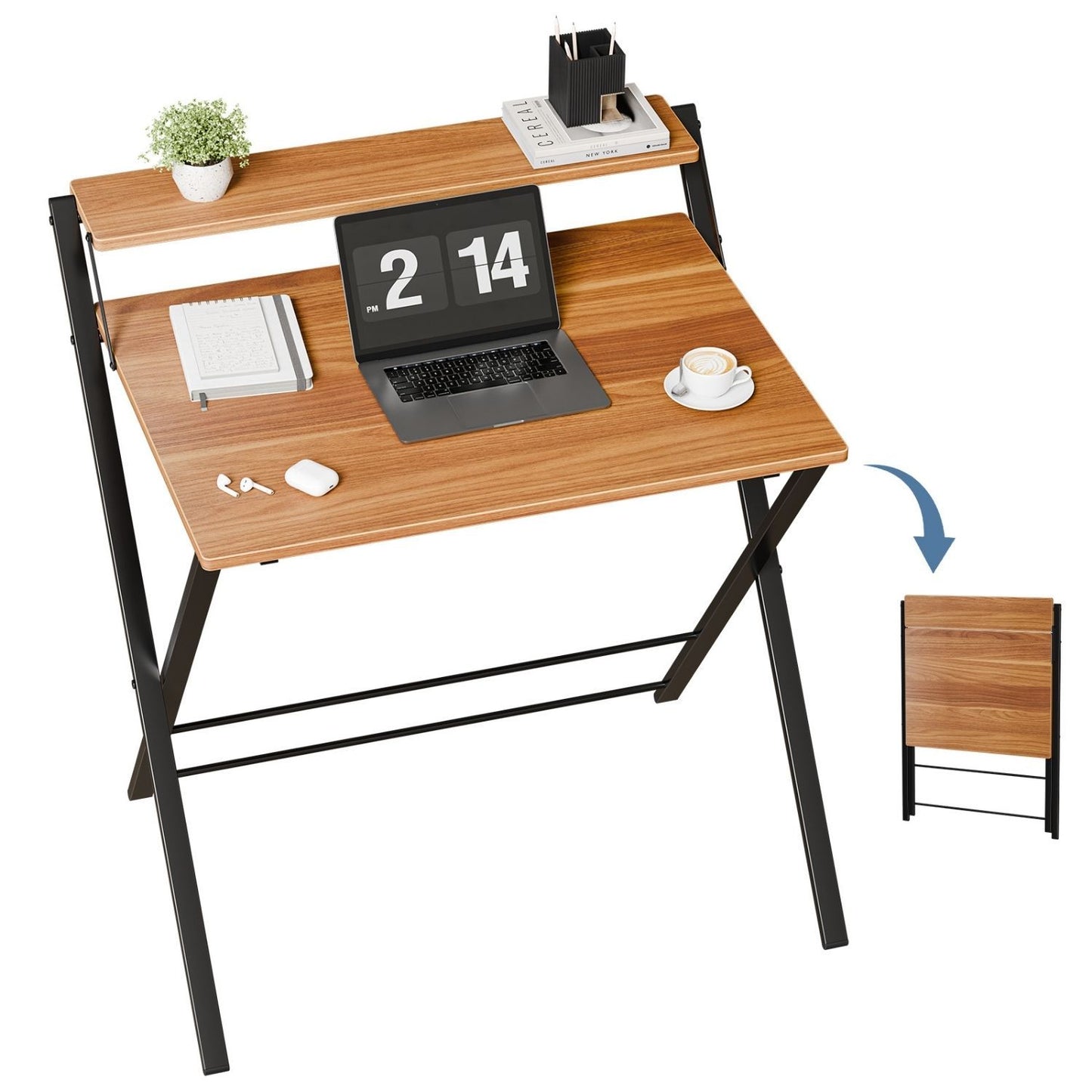 Small Folding Desk with Shelf, No-Assembly Foldable Computer Table for Tight Spaces, Portable Writing Desk for Office Dorm Apartment, Space Saving And Sturdy Metal Frame