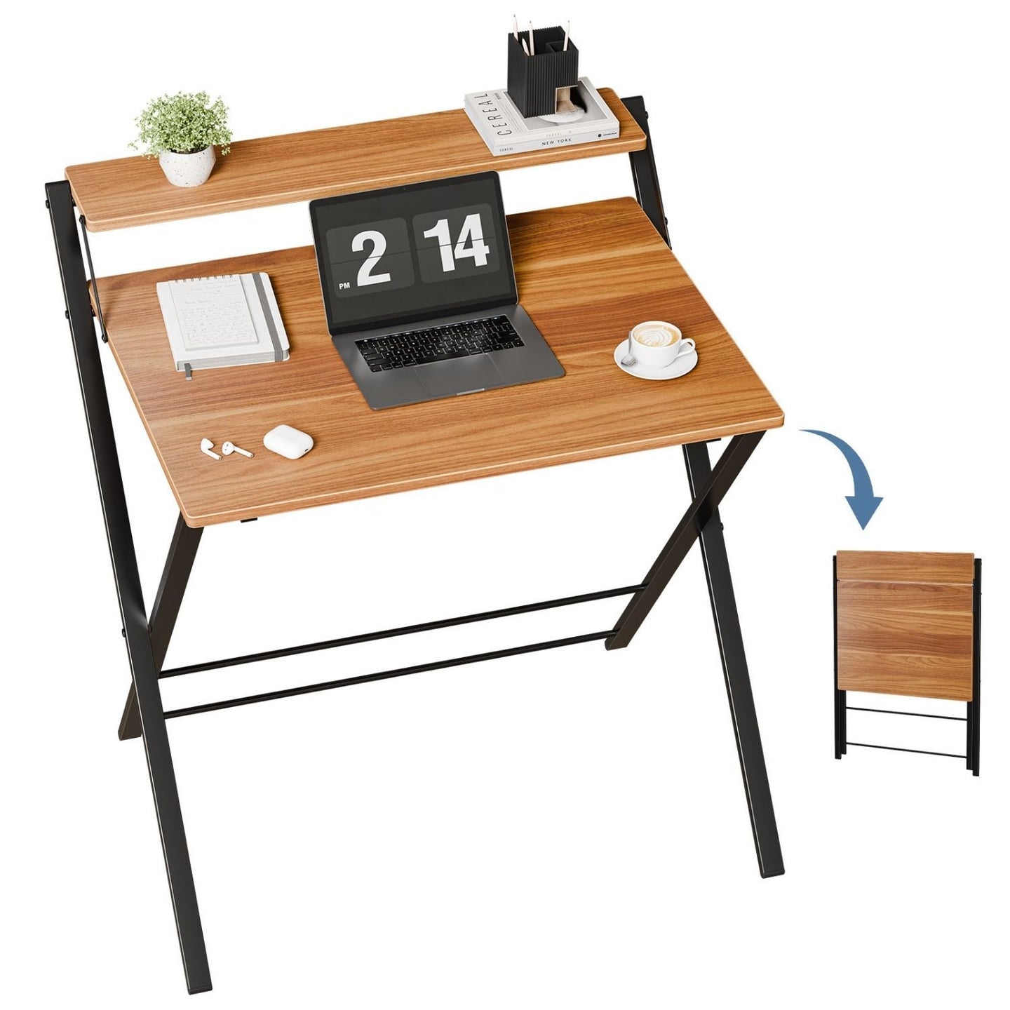 Small Folding Desk with Shelf, No-Assembly Foldable Computer Table for Tight Spaces, Portable Writing Desk for Office Dorm Apartment, Space Saving And Sturdy Metal Frame