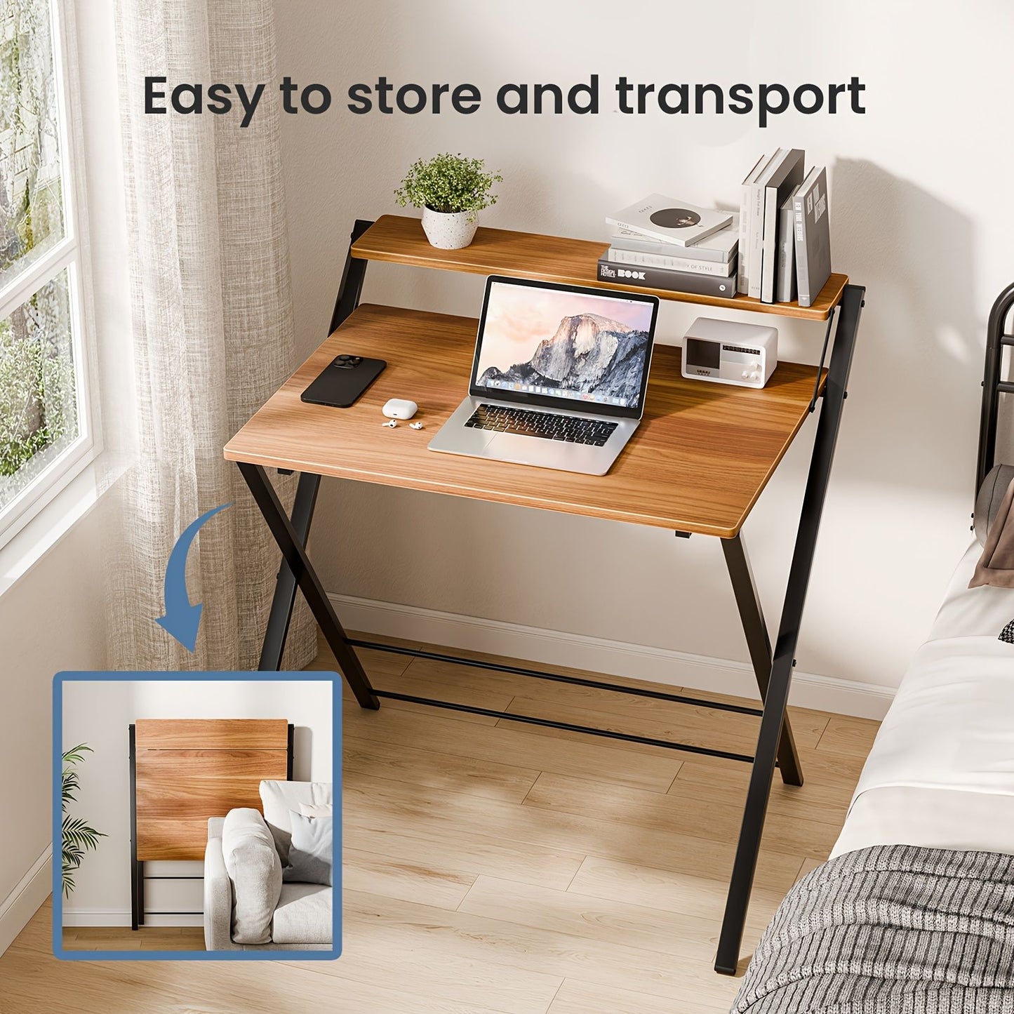 Small Folding Desk with Shelf, No-Assembly Foldable Computer Table for Tight Spaces, Portable Writing Desk for Office Dorm Apartment, Space Saving And Sturdy Metal Frame