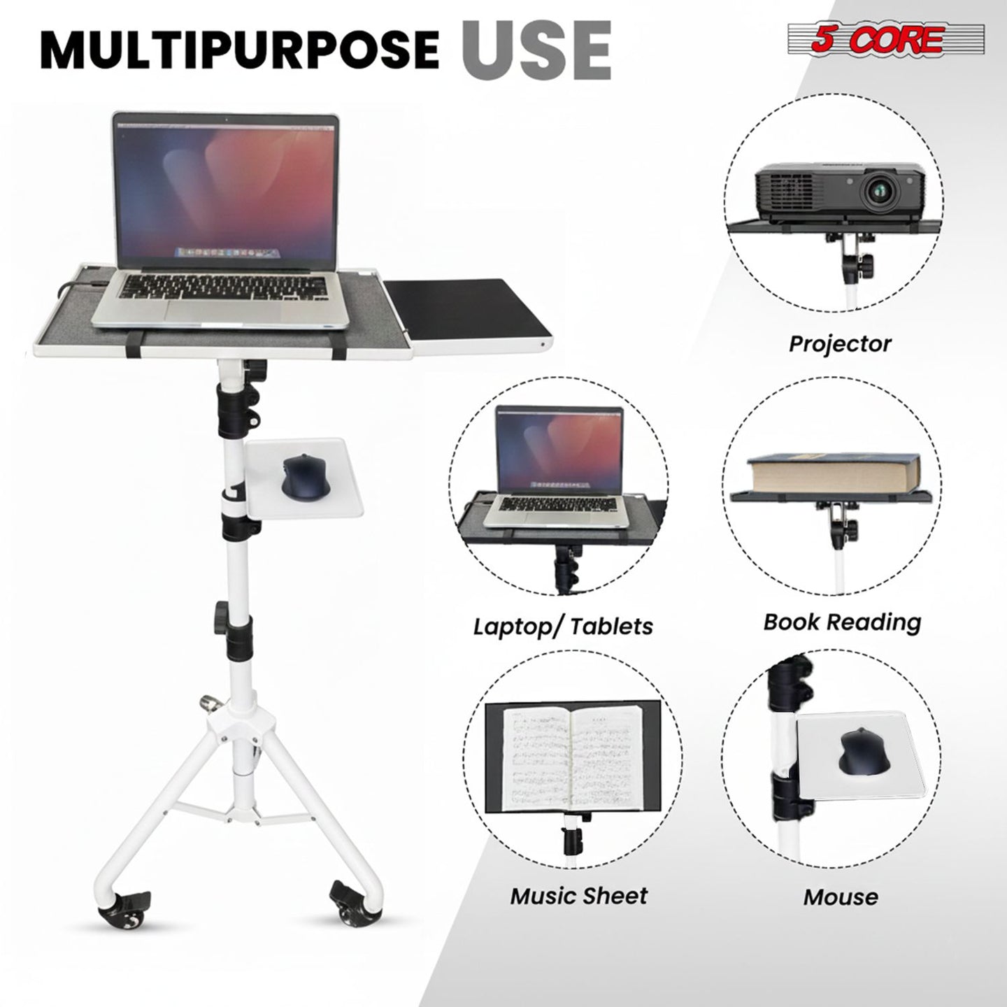 Adjustable Projector Stand Tripod - 71" Portable Laptop Floor Stand with 2 Trays