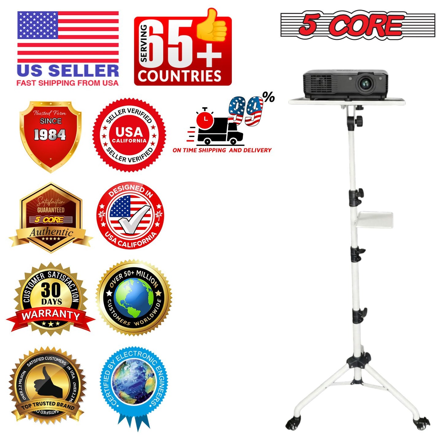 Adjustable Projector Stand Tripod - 71" Portable Laptop Floor Stand with 2 Trays