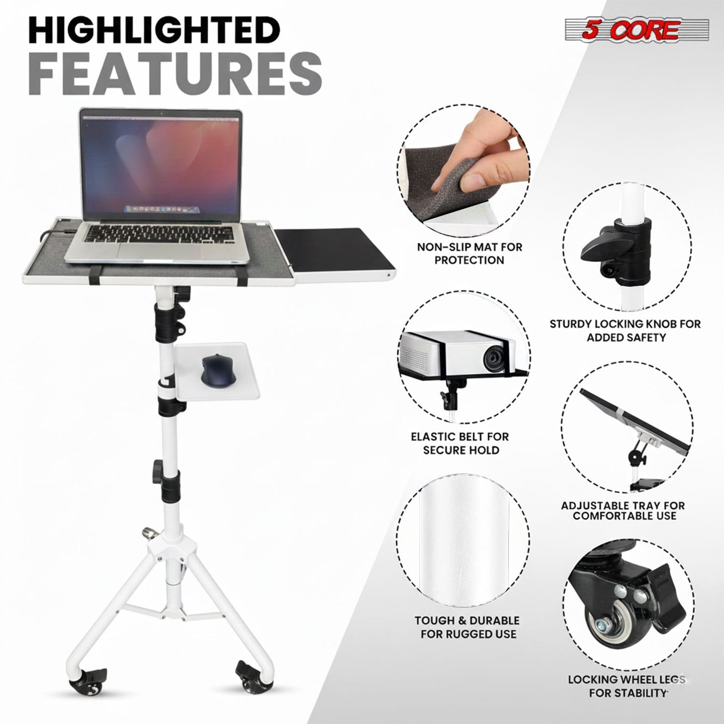 Adjustable Projector Stand Tripod - 71" Portable Laptop Floor Stand with 2 Trays