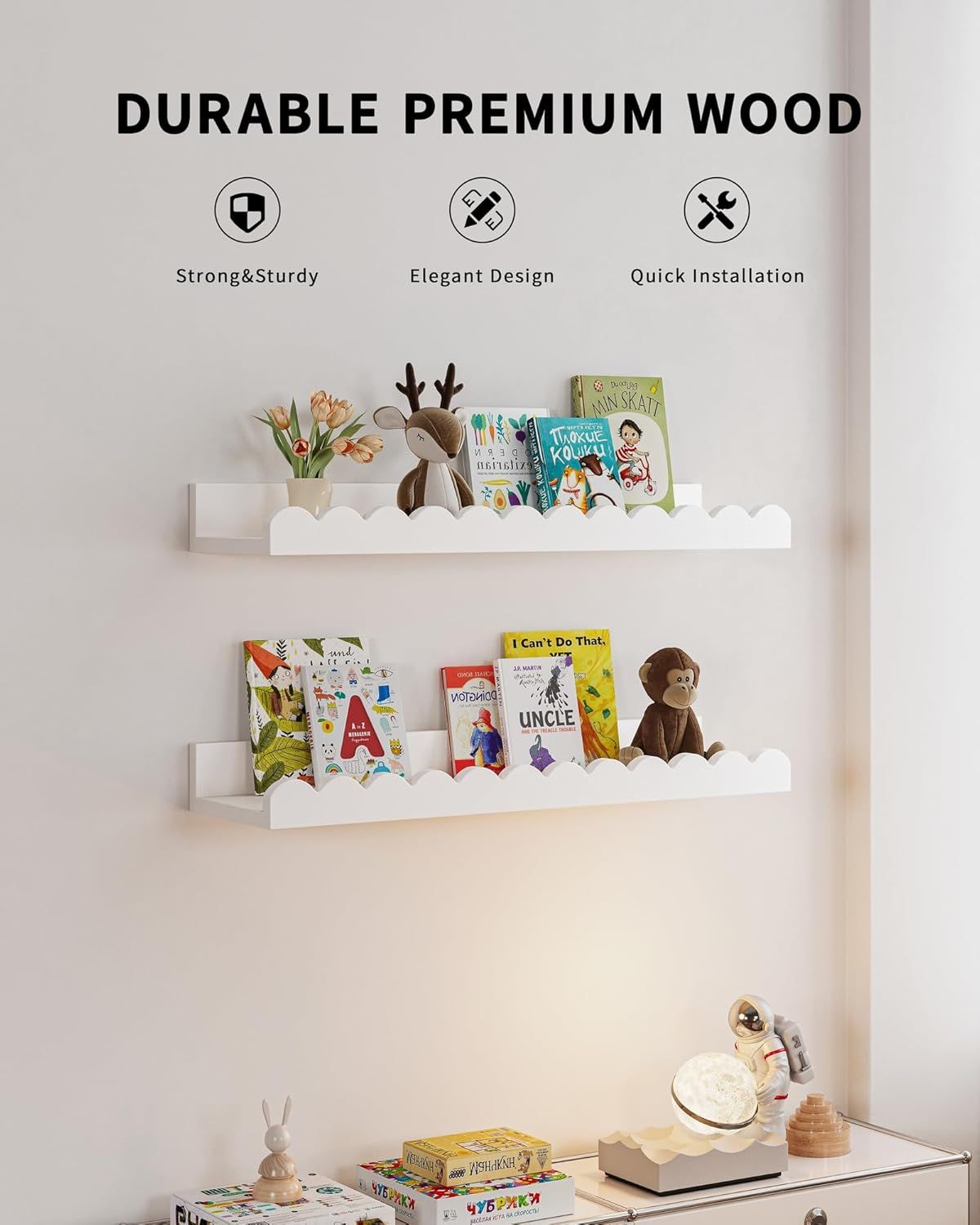 Children's room bookshelf, set of 4 white floating shelves, fan-shaped design, suitable for children's bedrooms, nurseries, and playrooms.