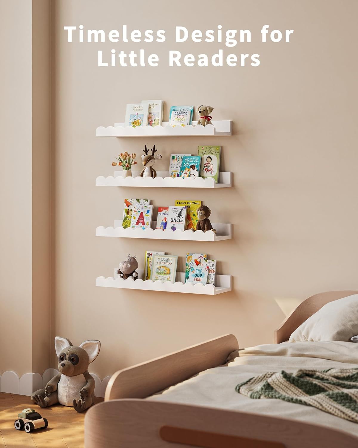 Children's room bookshelf, set of 4 white floating shelves, fan-shaped design, suitable for children's bedrooms, nurseries, and playrooms.