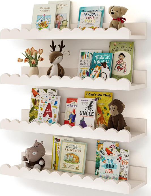 Set of 4 White Floating Nursery Shelves - Kids Bookshelf
