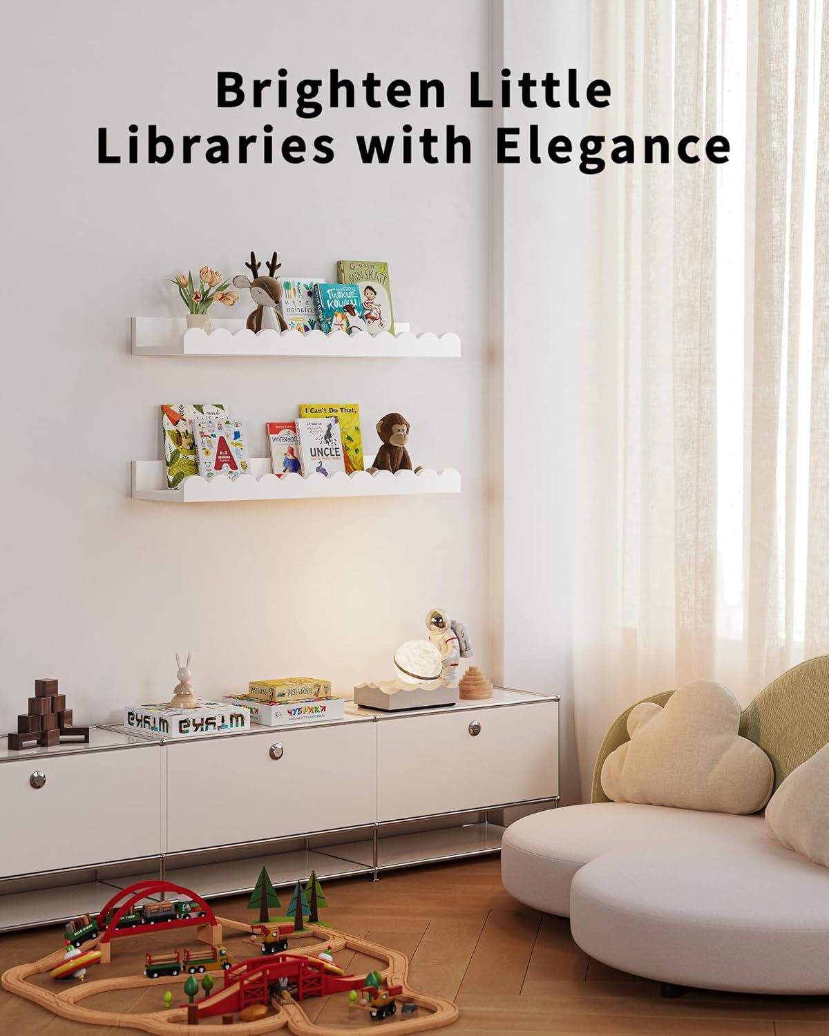 Children's room bookshelf, set of 4 white floating shelves, fan-shaped design, suitable for children's bedrooms, nurseries, and playrooms.