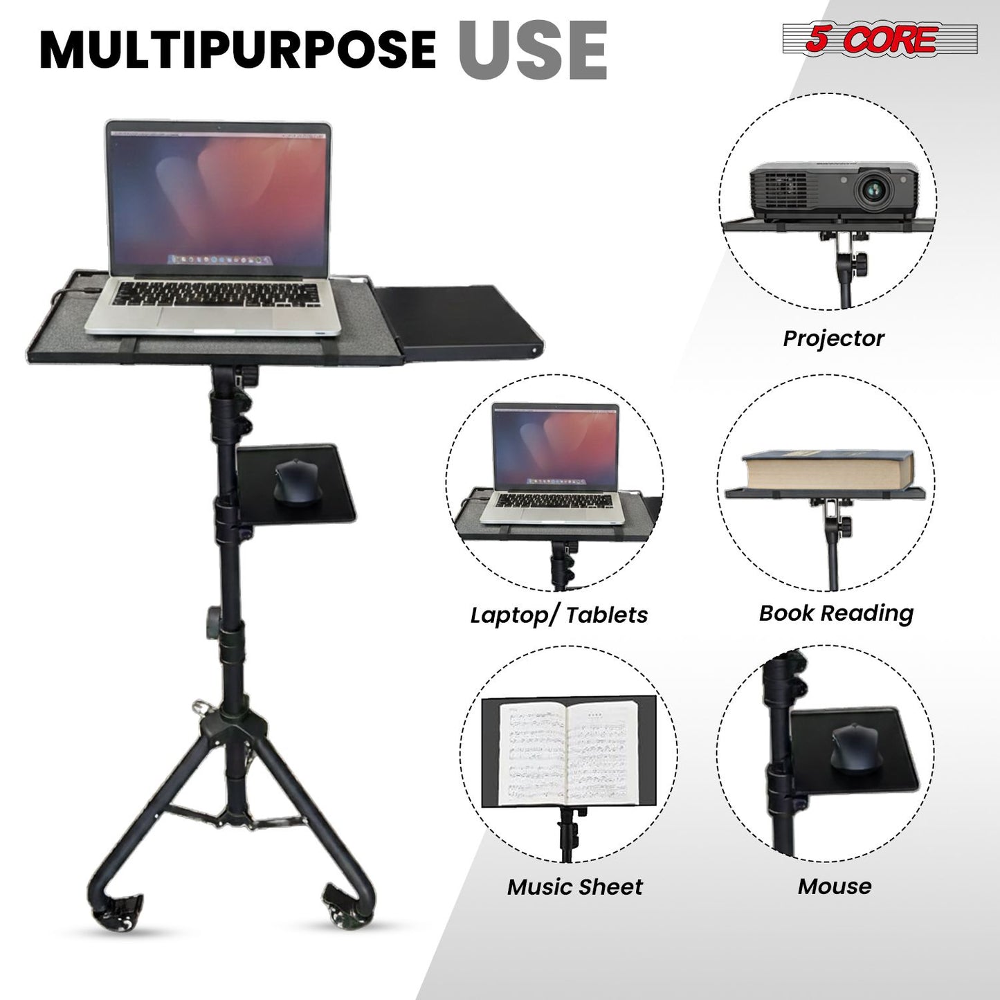 Adjustable Projector Stand Tripod - 71" Portable Laptop Floor Stand with 2 Trays