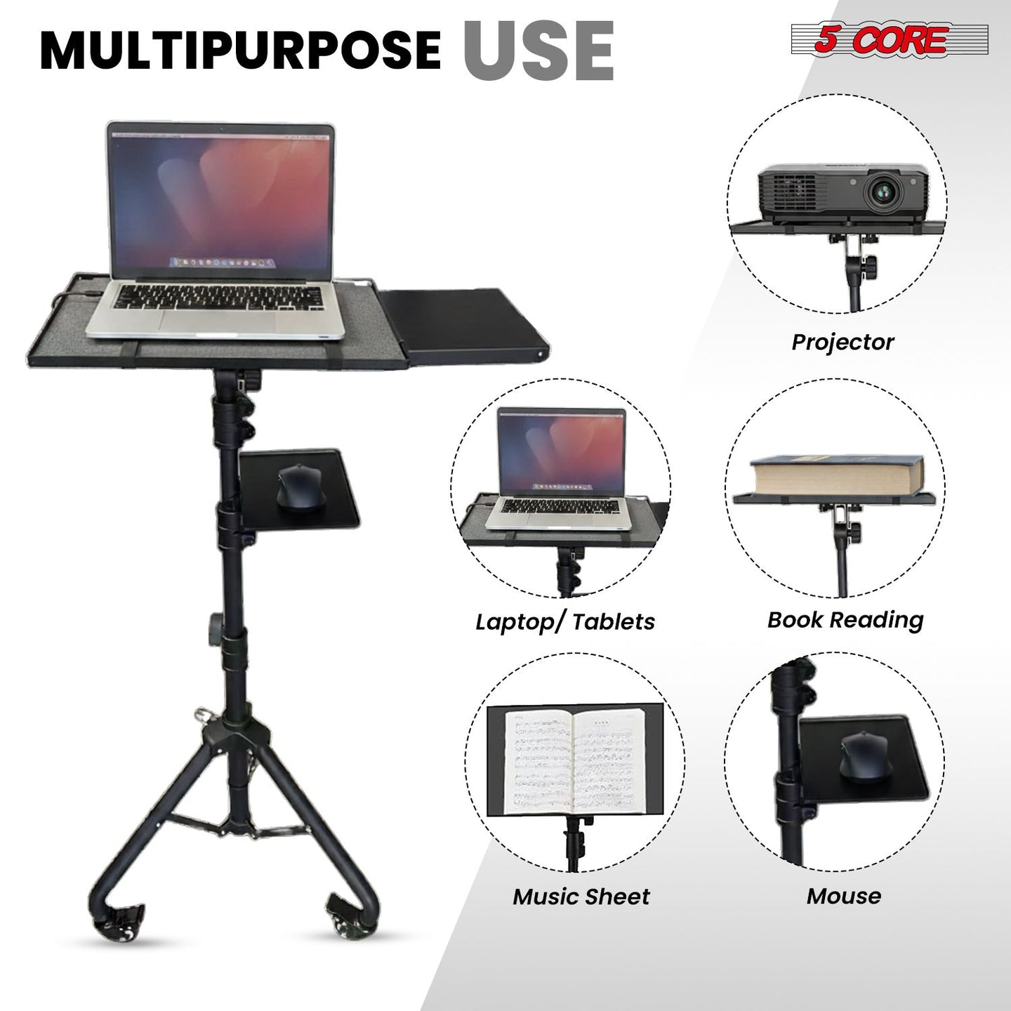 Adjustable Projector Stand Tripod - 71" Portable Laptop Floor Stand with 2 Trays