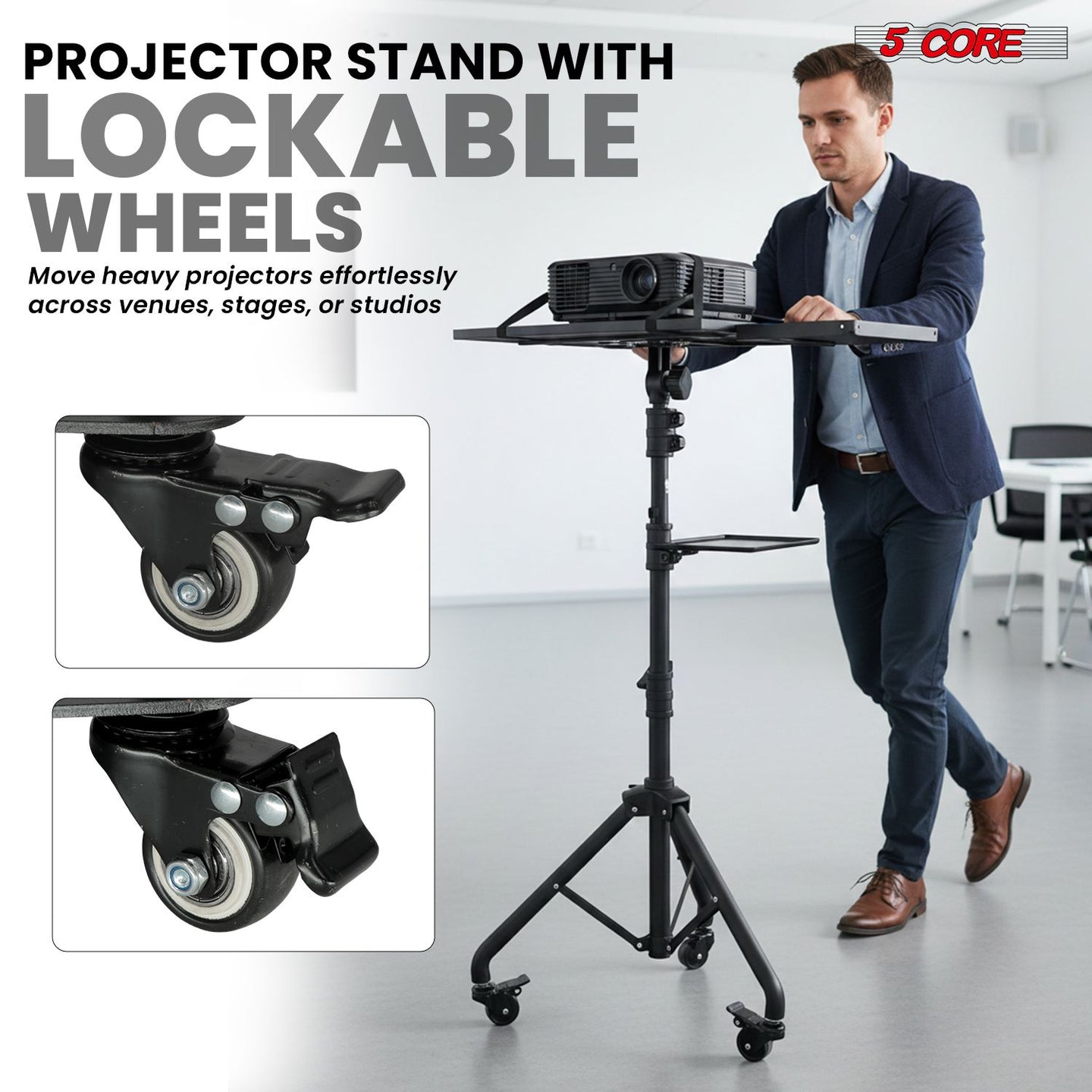 Adjustable Projector Stand Tripod - 71" Portable Laptop Floor Stand with 2 Trays