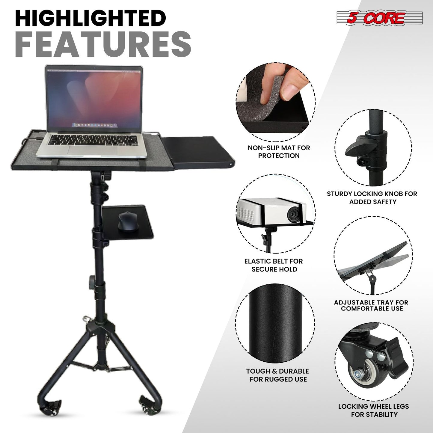 Adjustable Projector Stand Tripod - 71" Portable Laptop Floor Stand with 2 Trays
