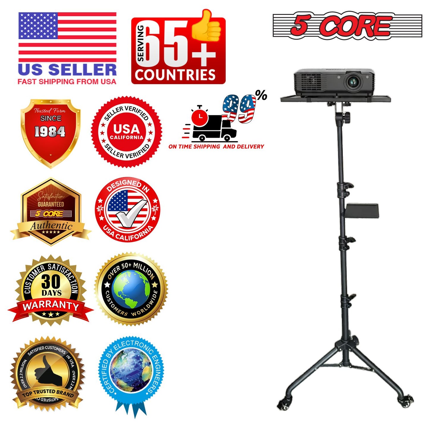 Adjustable Projector Stand Tripod - 71" Portable Laptop Floor Stand with 2 Trays