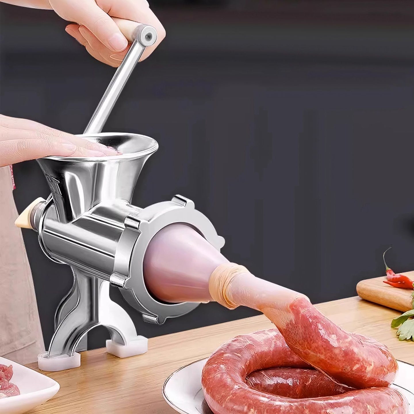 Ergonomic Manual Meat Grinder – 3cm Clamp, Sausage & Noodle Maker, Anti-Scratch Table Clamp
