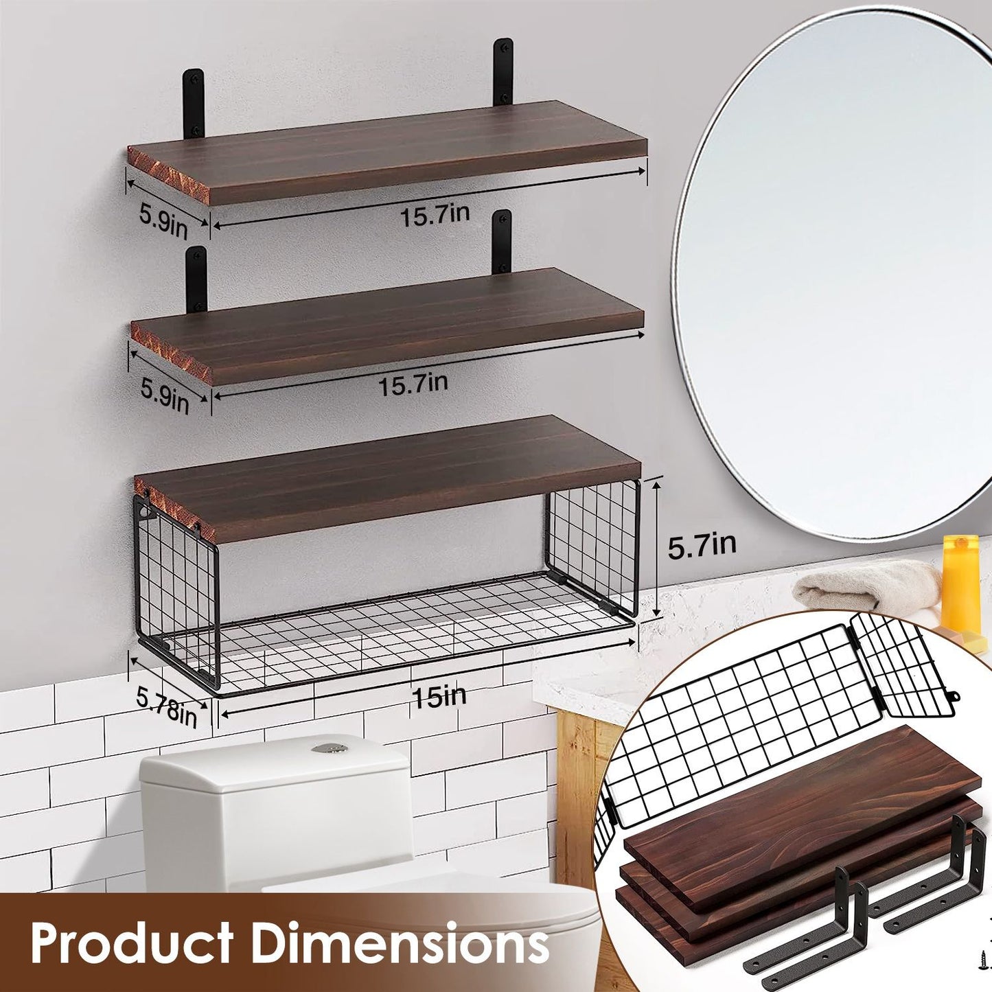 Multifunctional 2-in-1 Floating Shelves with Basket – Rustic Paulownia Wood