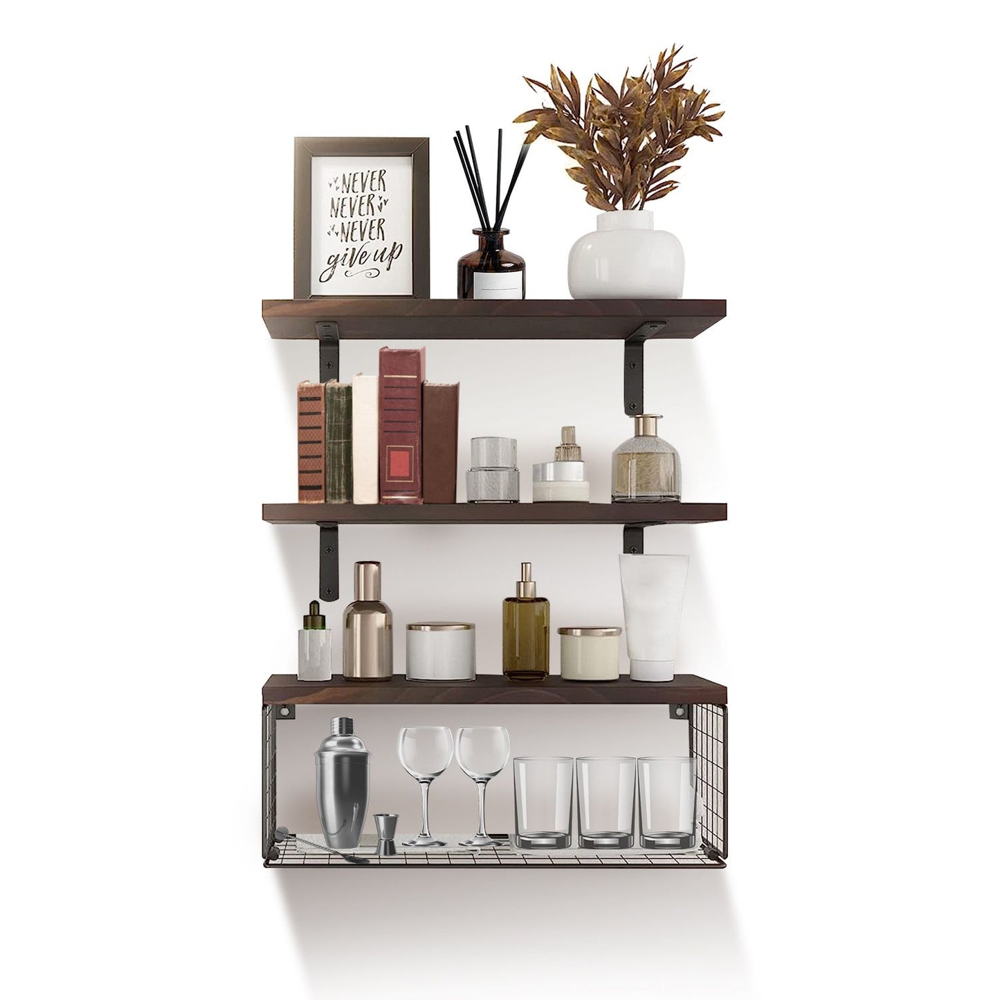 Multifunctional 2-in-1 Floating Shelves with Basket – Rustic Paulownia Wood