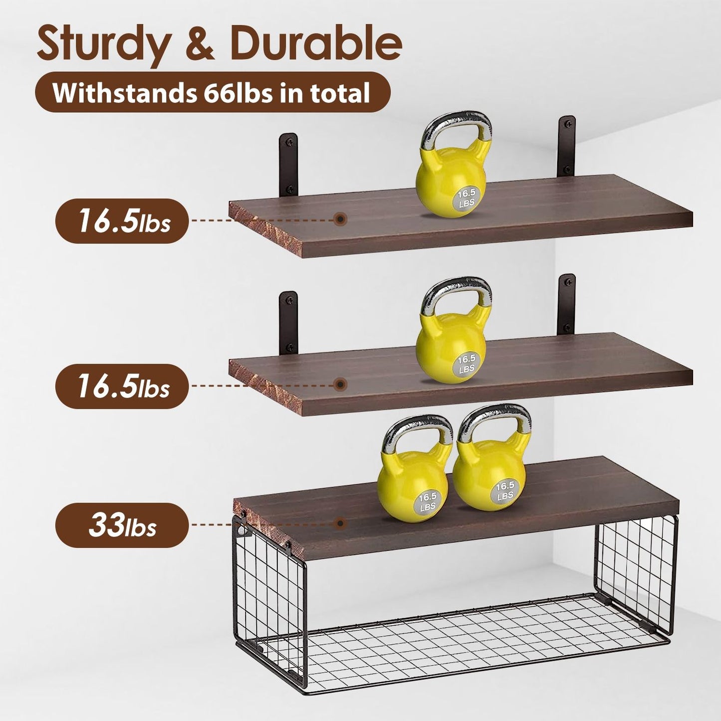 Multifunctional 2-in-1 Floating Shelves with Basket – Rustic Paulownia Wood