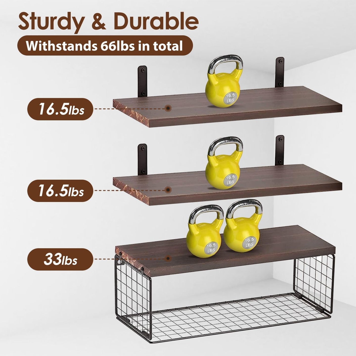 Multifunctional 2-in-1 Floating Shelves with Basket – Rustic Paulownia Wood