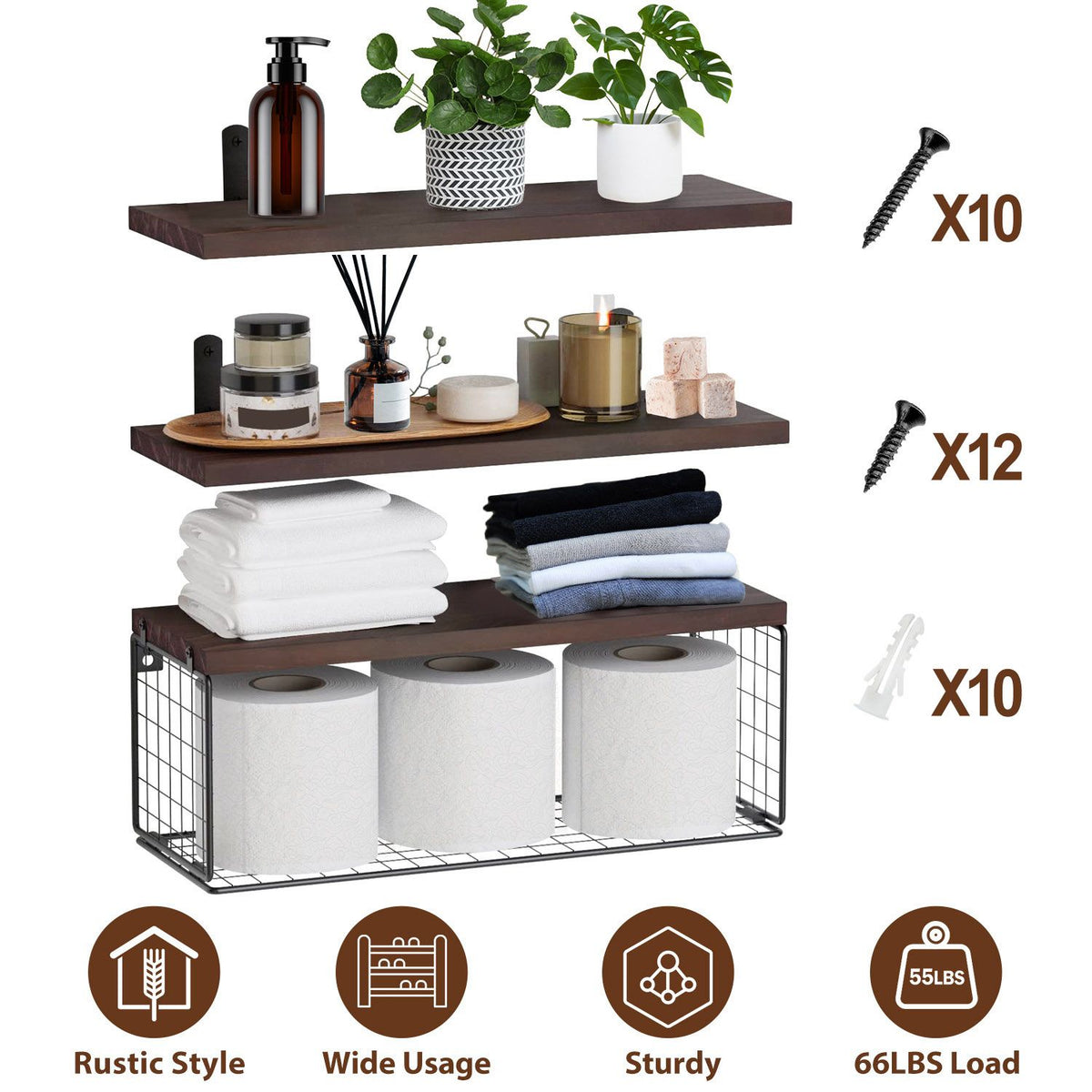 Multifunctional 2-in-1 Floating Shelves with Basket – Rustic Paulownia Wood