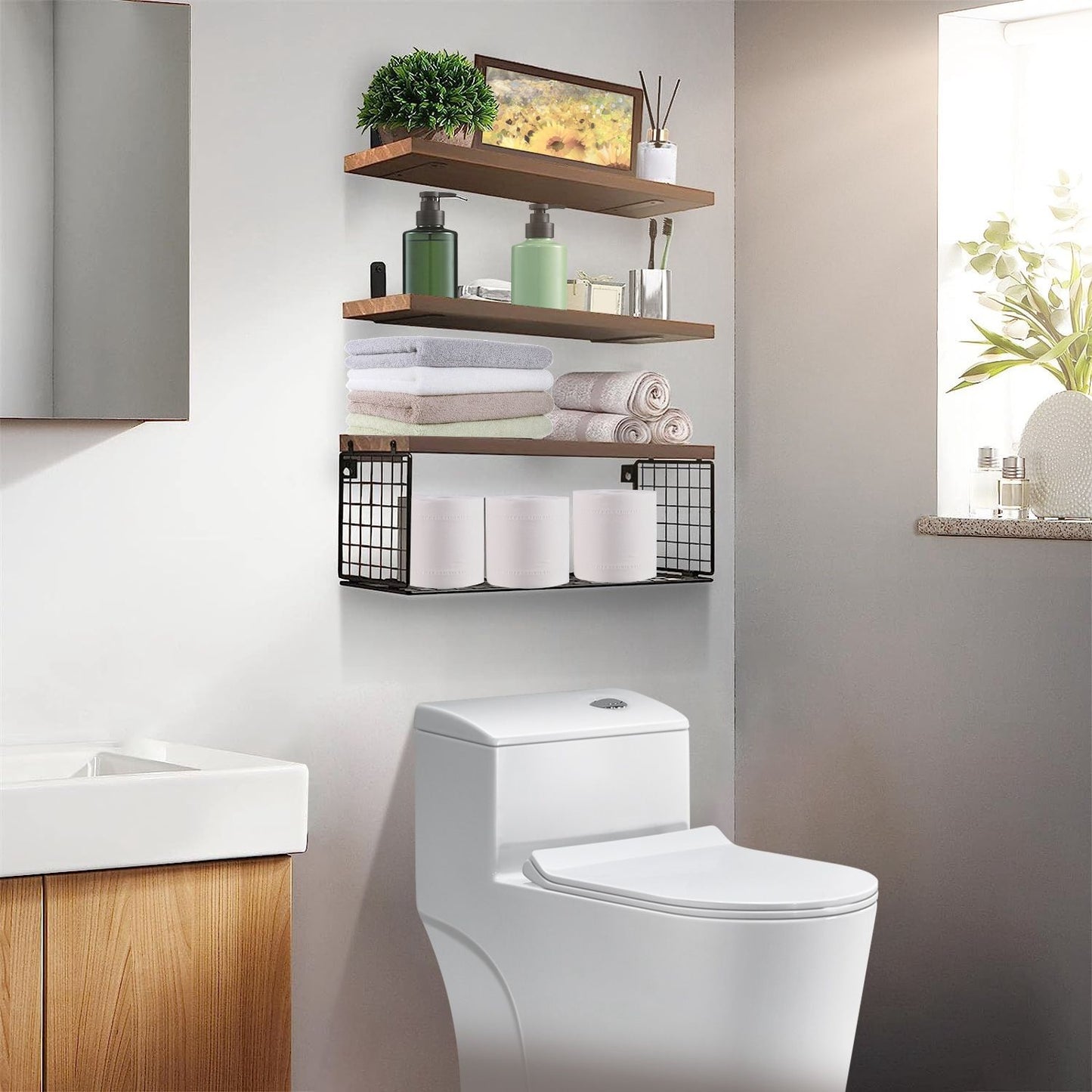 Multifunctional 2-in-1 Floating Shelves with Basket – Rustic Paulownia Wood