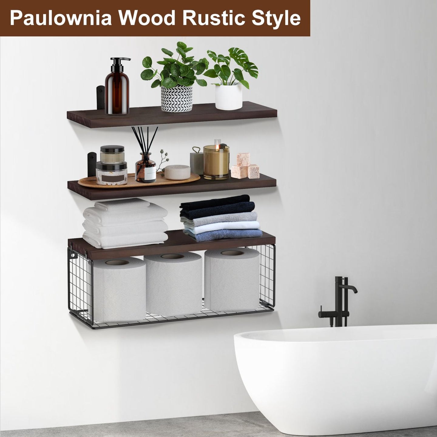 Multifunctional 2-in-1 Floating Shelves with Basket – Rustic Paulownia Wood