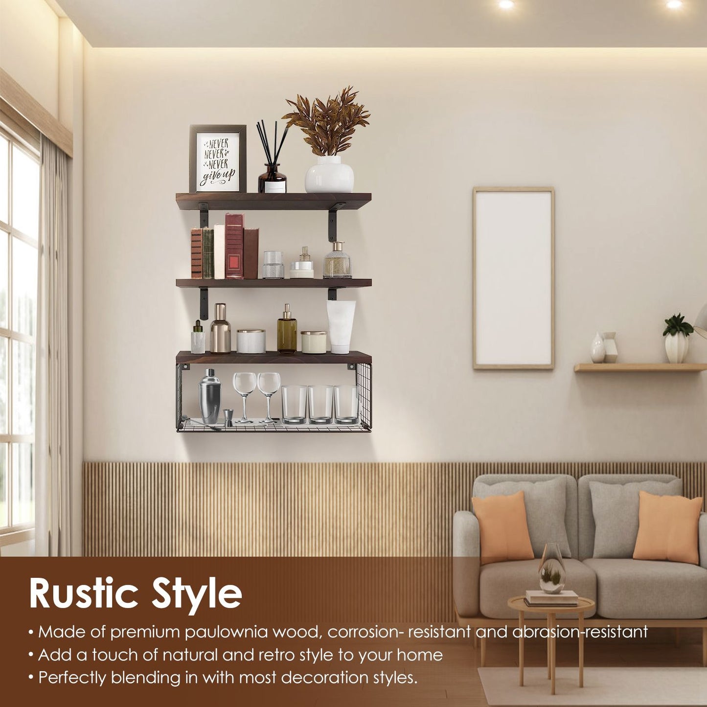 Multifunctional 2-in-1 Floating Shelves with Basket – Rustic Paulownia Wood