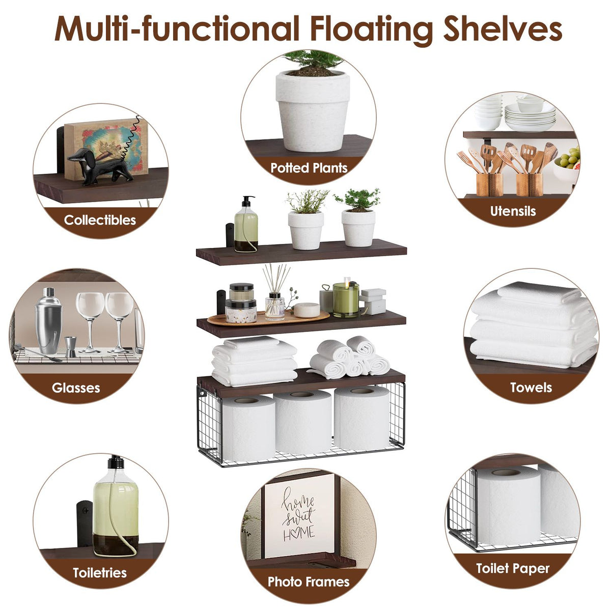 Multifunctional 2-in-1 Floating Shelves with Basket – Rustic Paulownia Wood